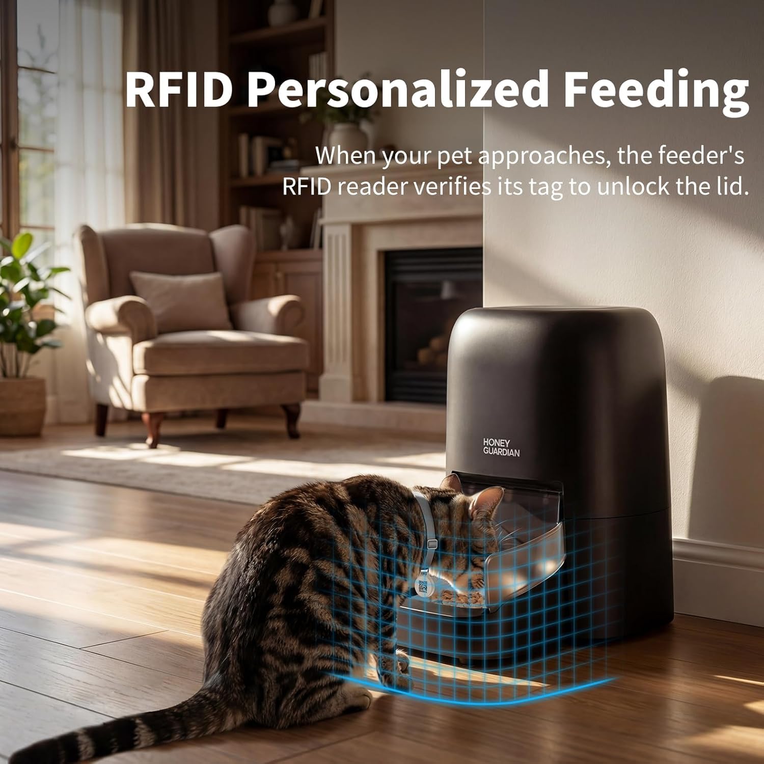 Futterautomat Katze RFID, 5G WiFi Futterspender Katze mit Collar-Tag-Sensor, 4.6L Katzenfutter Automat, Personalisierte Mahlzeiten per Halsband-Tag & Katzenerkennung, 1–10 Mahlzeiten, Keramikschale