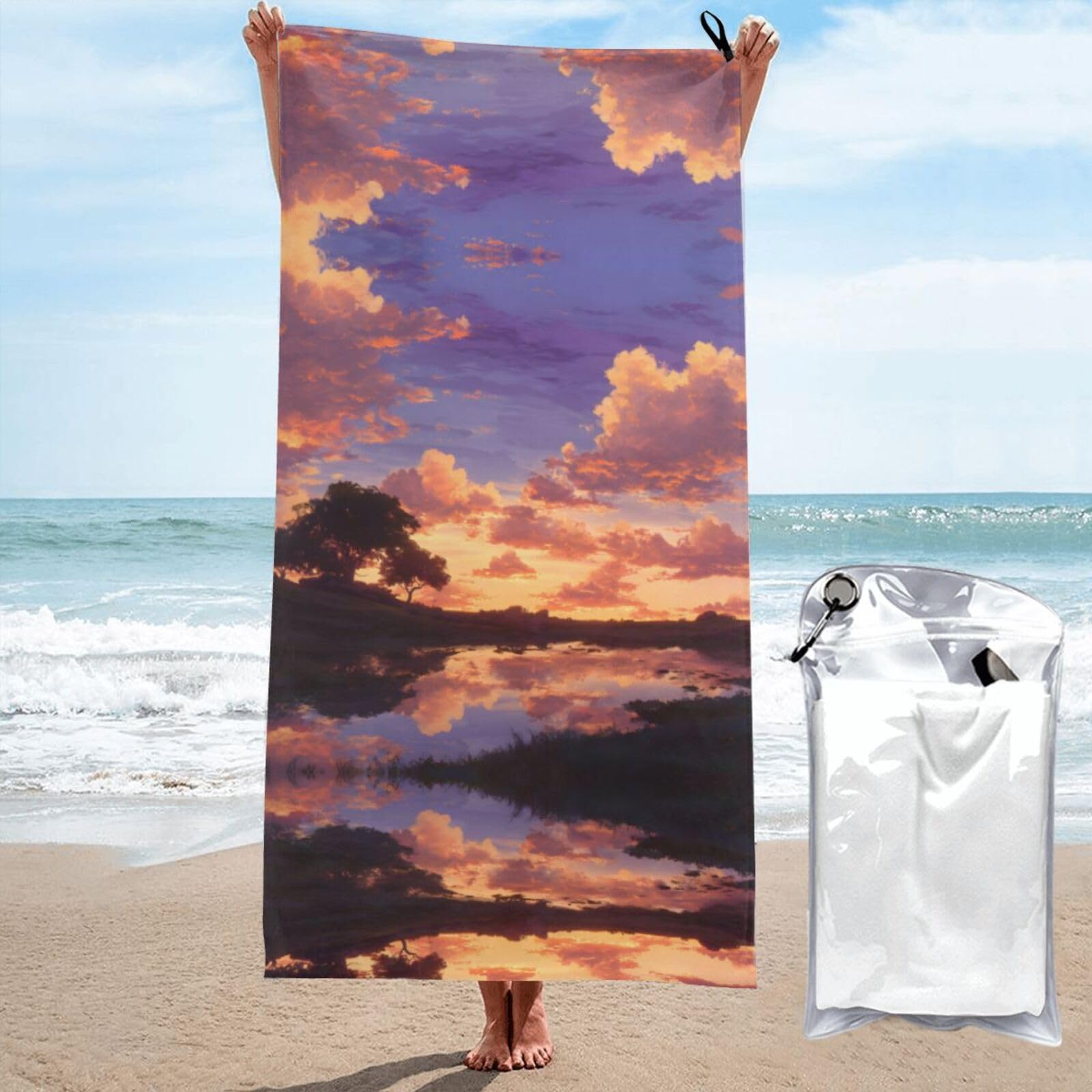 ESNAIUVCD Sunset Glow Print Beach Towel, Microfibre Sauna Towel, Quick-Drying Fitness Towel, Lightweight And Thin Portable Sauna Towel