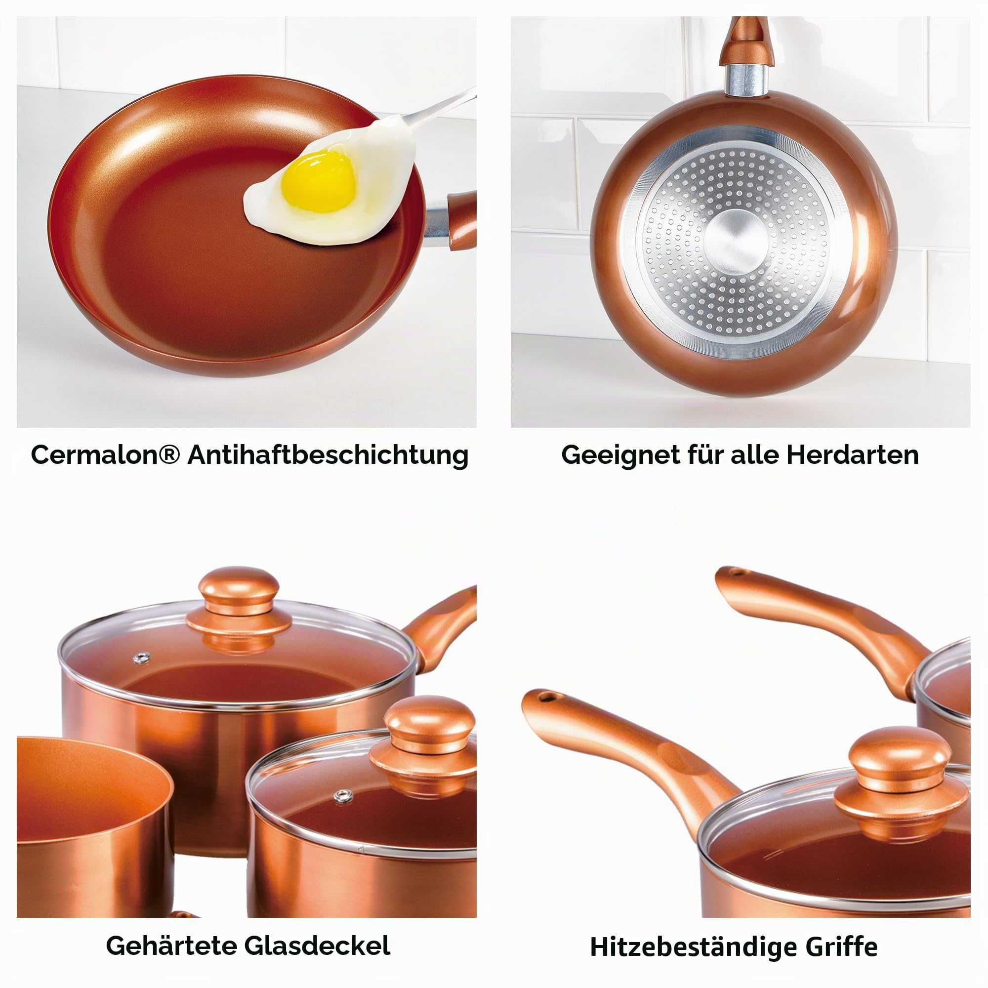 5-teiliges Kochgeschirr-Set aus der Kupfer-Kollektion, inklusive 2 x Bratpfannen und 3 x Töpfen, Keramik-Antihaftbeschichtung mit metallischem Kupfer-Außenmaterial, kompatibel für alle