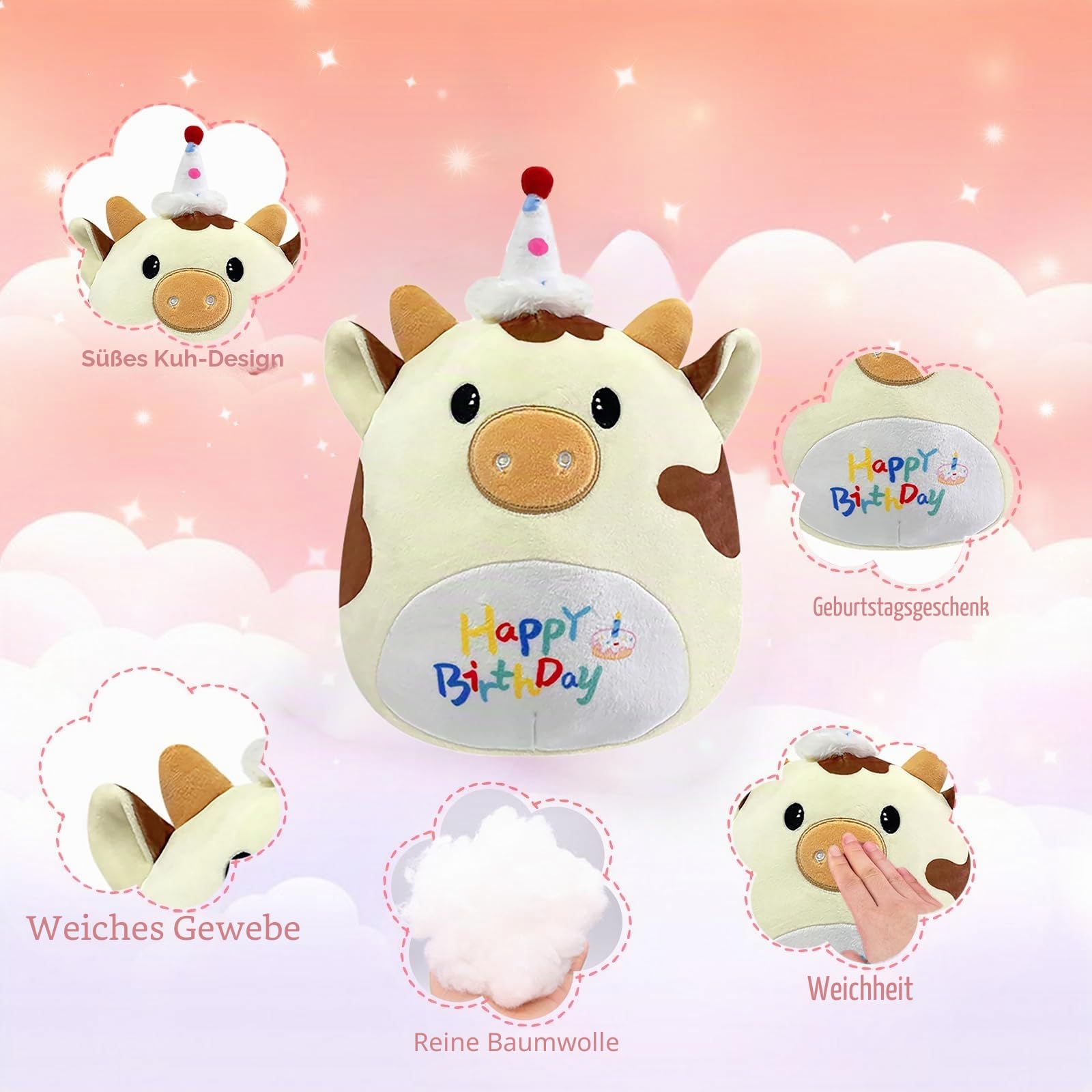 POPOYU Einhorn Kuscheltier Einhorn Plüschtier,25CM Happy Birthday Katze Geburtstag Kuscheltiere Mädchen,Plüschkissen für Kinder,Geburtstag Stofftiere Plüsch-Puppe Stofftier Geschenk
