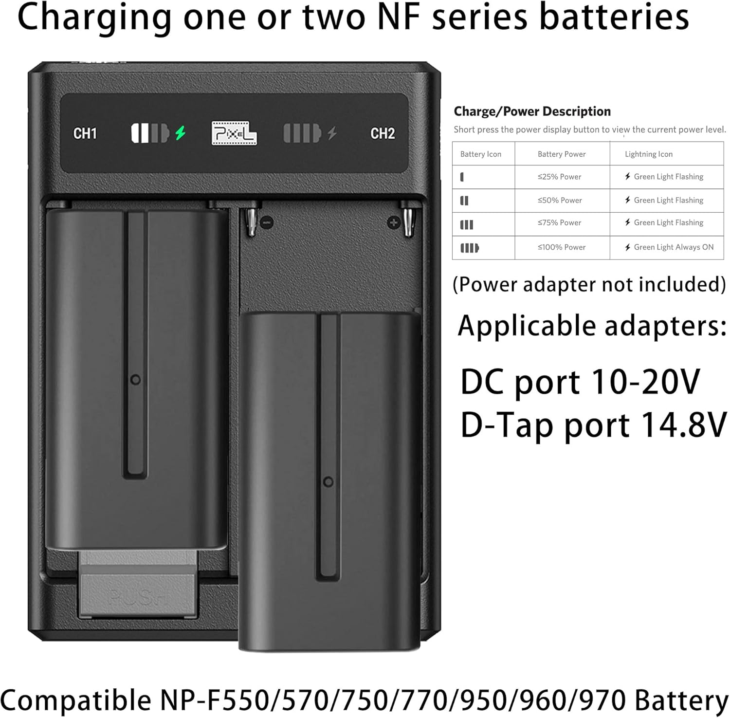 NP-F Series Fast Charger with V-Shaped Interface and D-TAP Interface for Sony NP-F550/570/750/770/950/960/970 Battery(Power Adapter not Included)