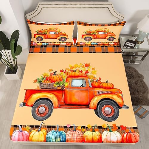 Miniatura 5 de Juego de sábanas con diseño de dibujos animados para niños y niños, hojas doradas, juego de sábanas con estampado de calabaza, tamaño individual,