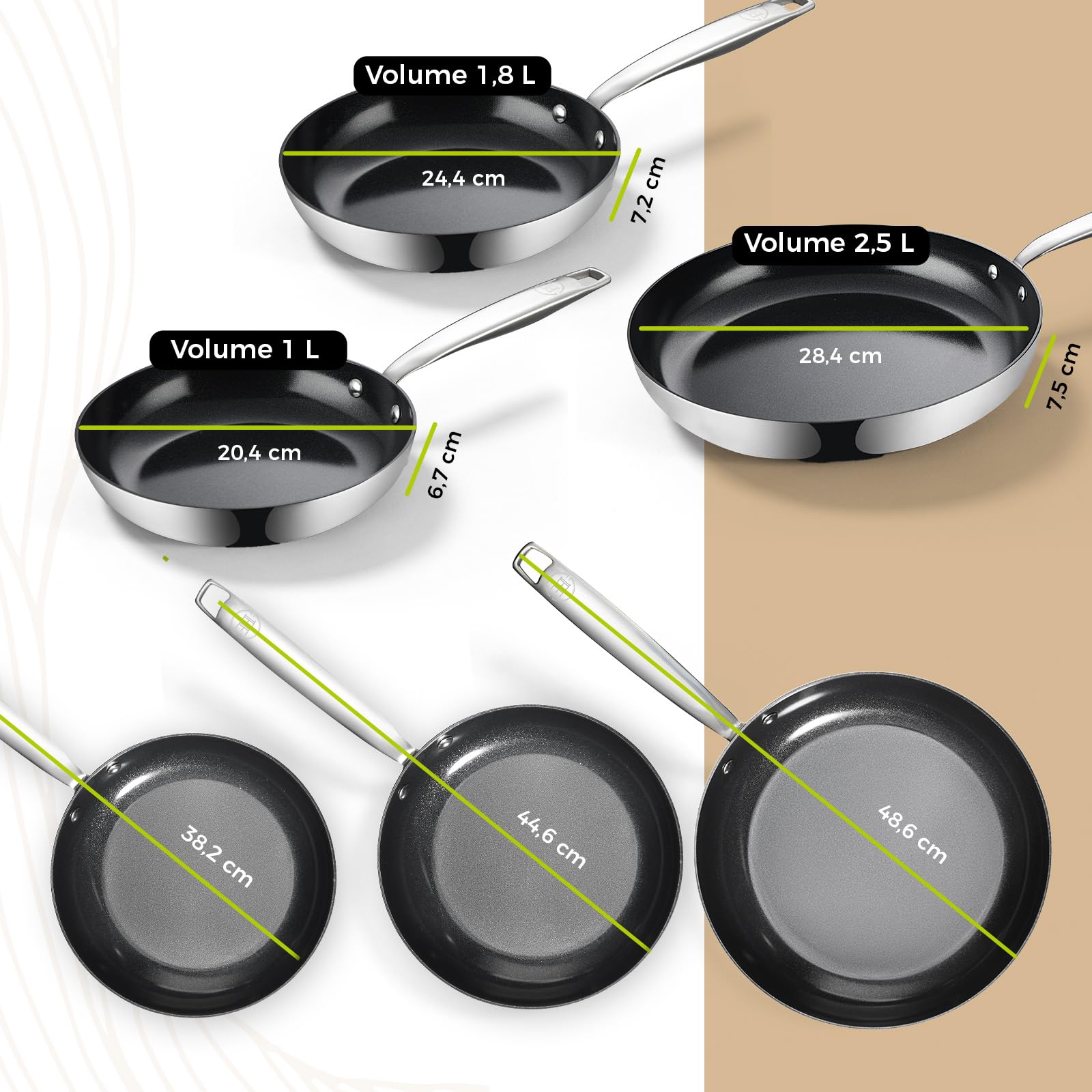 BE living Zestaw patelni ze stali nierdzewnej – Ø 20, 24 i 28 cm – ceramiczne – indukcyjne – bez PFAS, nieprzywierające – patelnia – seria Essential