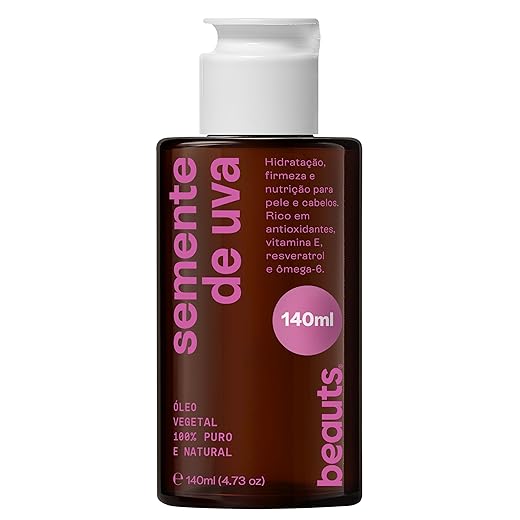 Óleo de Semente de Uva - Óleo Corporal Vegetal Puro - Para Hidratação, Massagem e Banho - 100% Puro, Vegetal e Natural. Com Tampa Gotejadora - 140ml Beauts