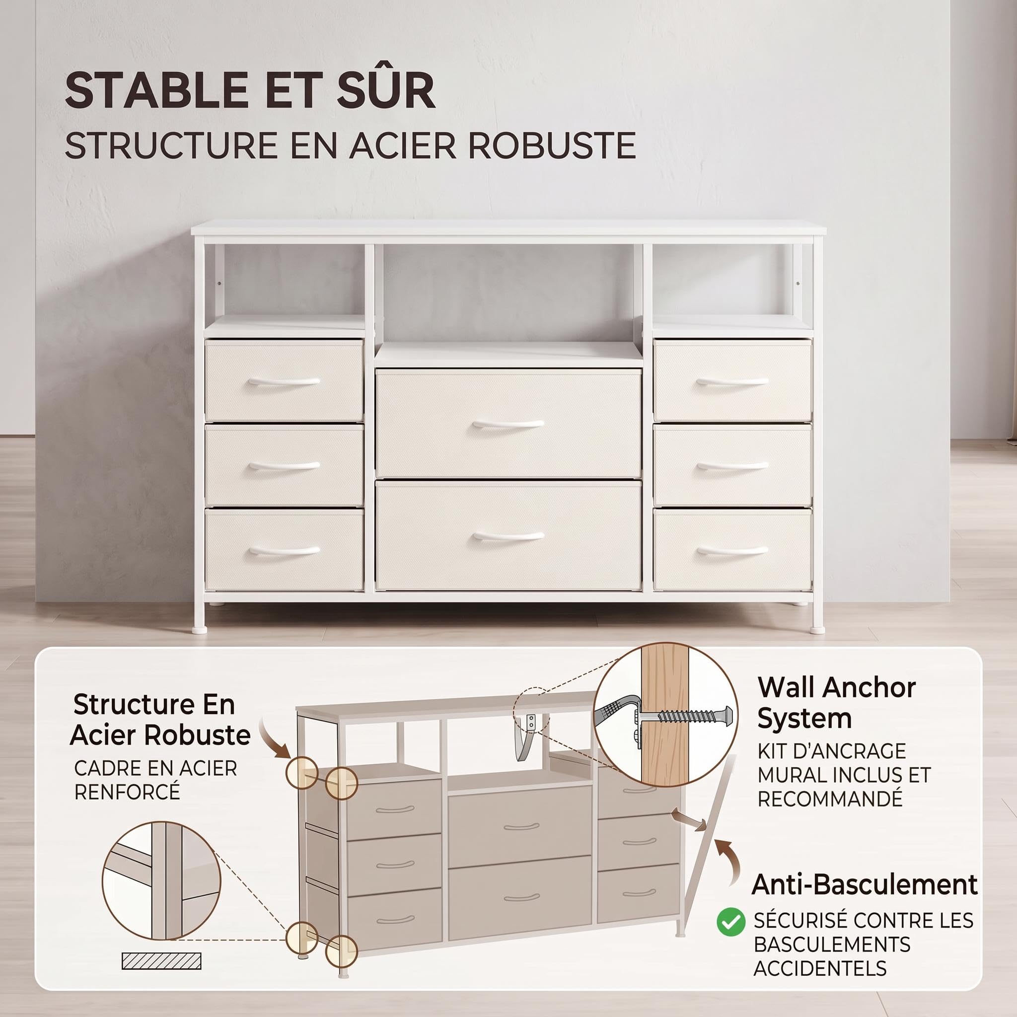 Garvee Meuble TV avec 8 Tiroirs en Tissu Et Étagères Ouvertes
