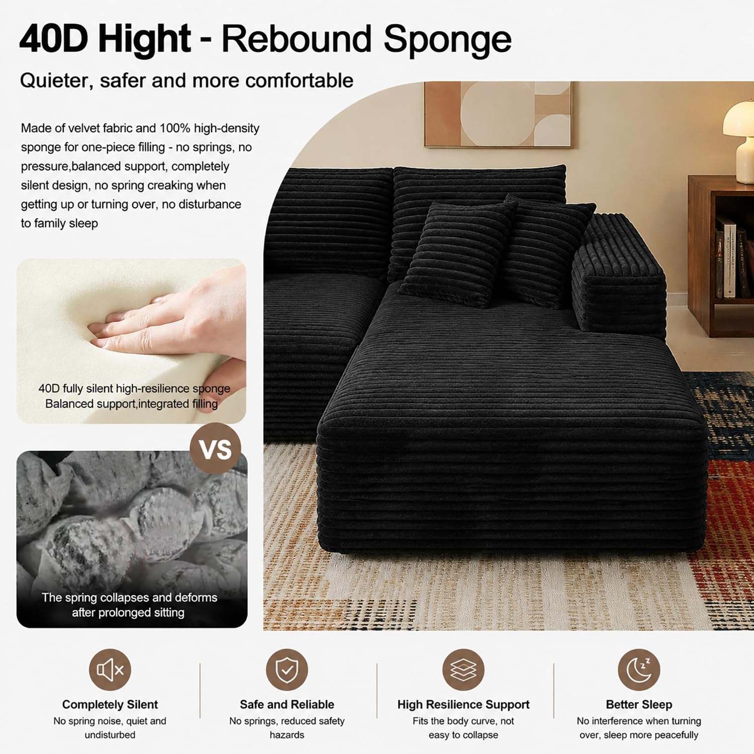 96" Cloud Boneless Sectional Couches with Chaise for Living Room