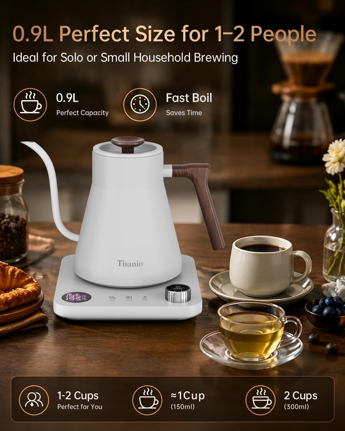 Gooseneck Electric Kettle with Temperature Control, 0.9L, White Wood