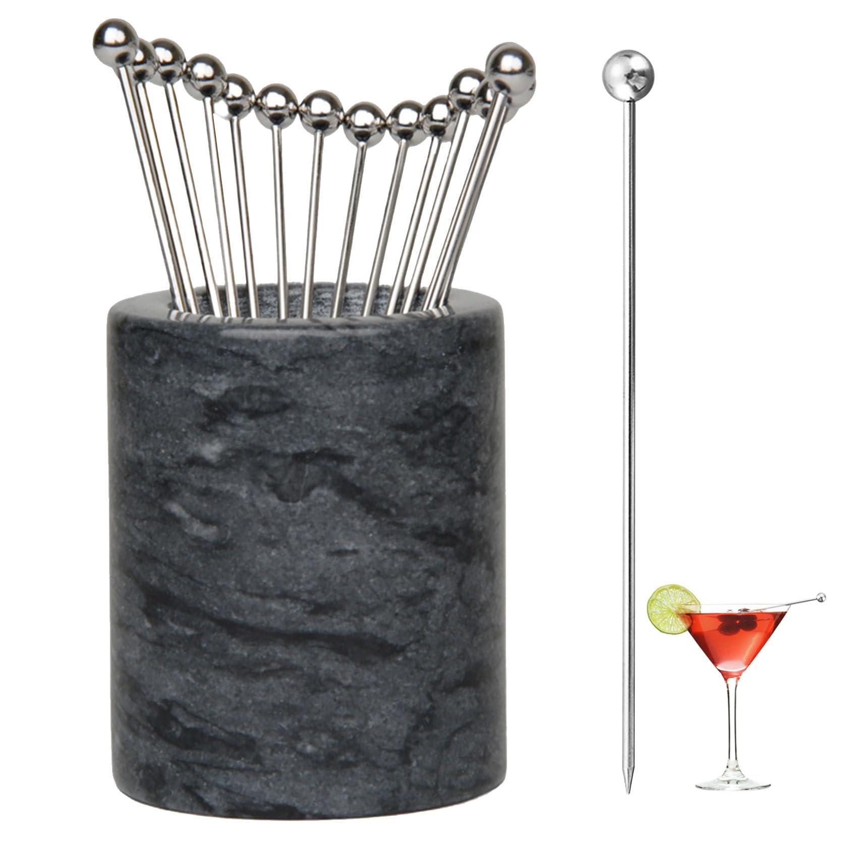 Palillo de cóctel de acero inoxidable de 4.3 pulgadas, 15 piezas + 1 tanque de mármol, clip de cóctel, tenedor de aperitivos, guarnición de cóctel, adecuado para bares, restaurantes,