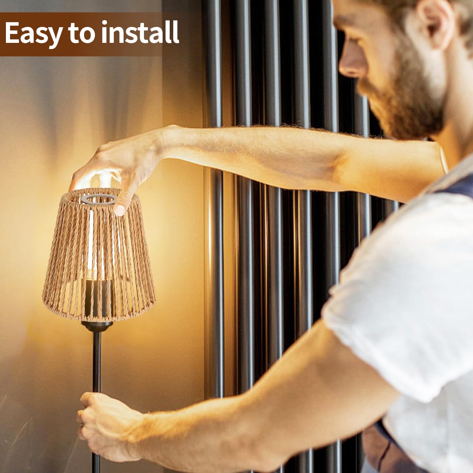 Boho Rattan Lampenschirm, 4 Stück E27 Lampenschirme für Tischlampe Hängelampe Stehlampe Deckenleuchte Papierlampenschirm Papier Ersatzschirm für Stehlampe Deckenlampe 14 x 14 cm