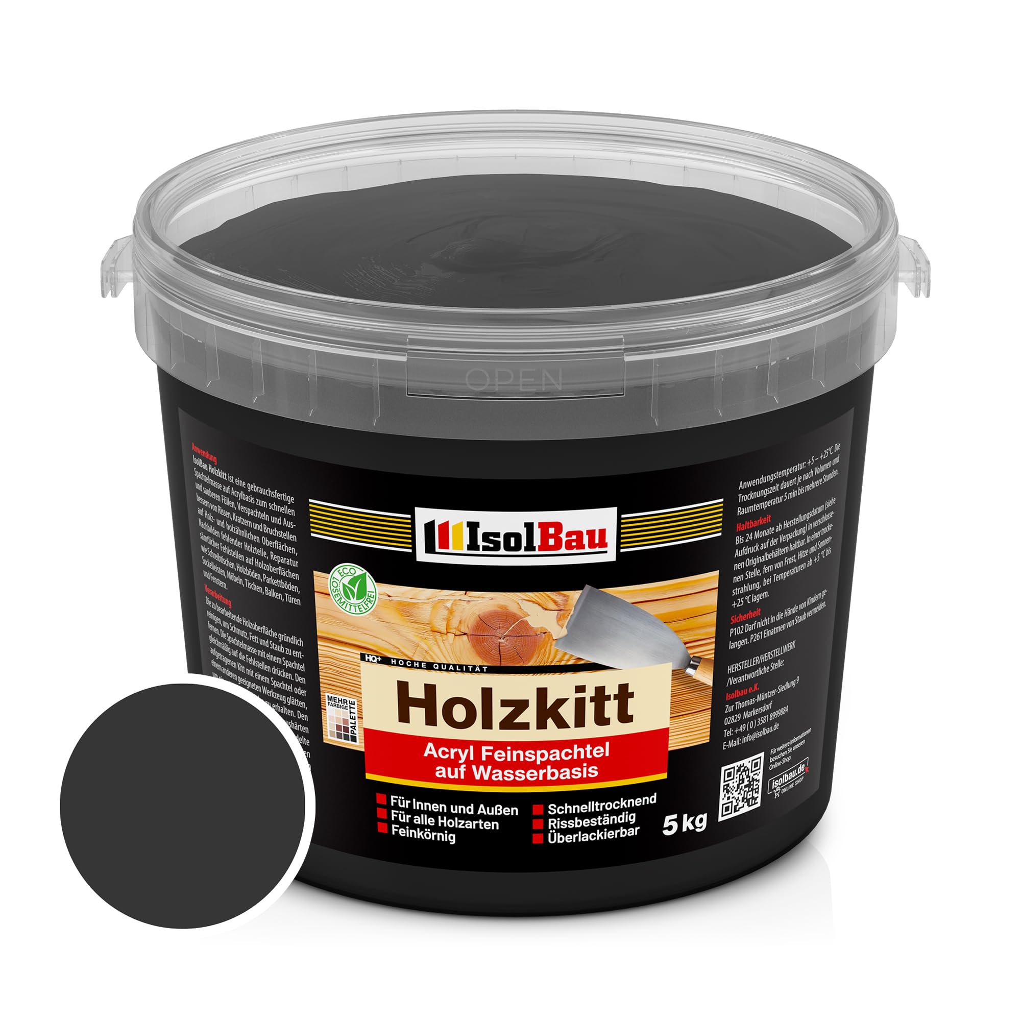 Isolbau - Holz-Spachtelmasse 5 kg - Spachtel für Außen und Innen - Reparaturspachtel - Fertigspachtel - Schnelltrocknend - Schwarz (Nr. 23)