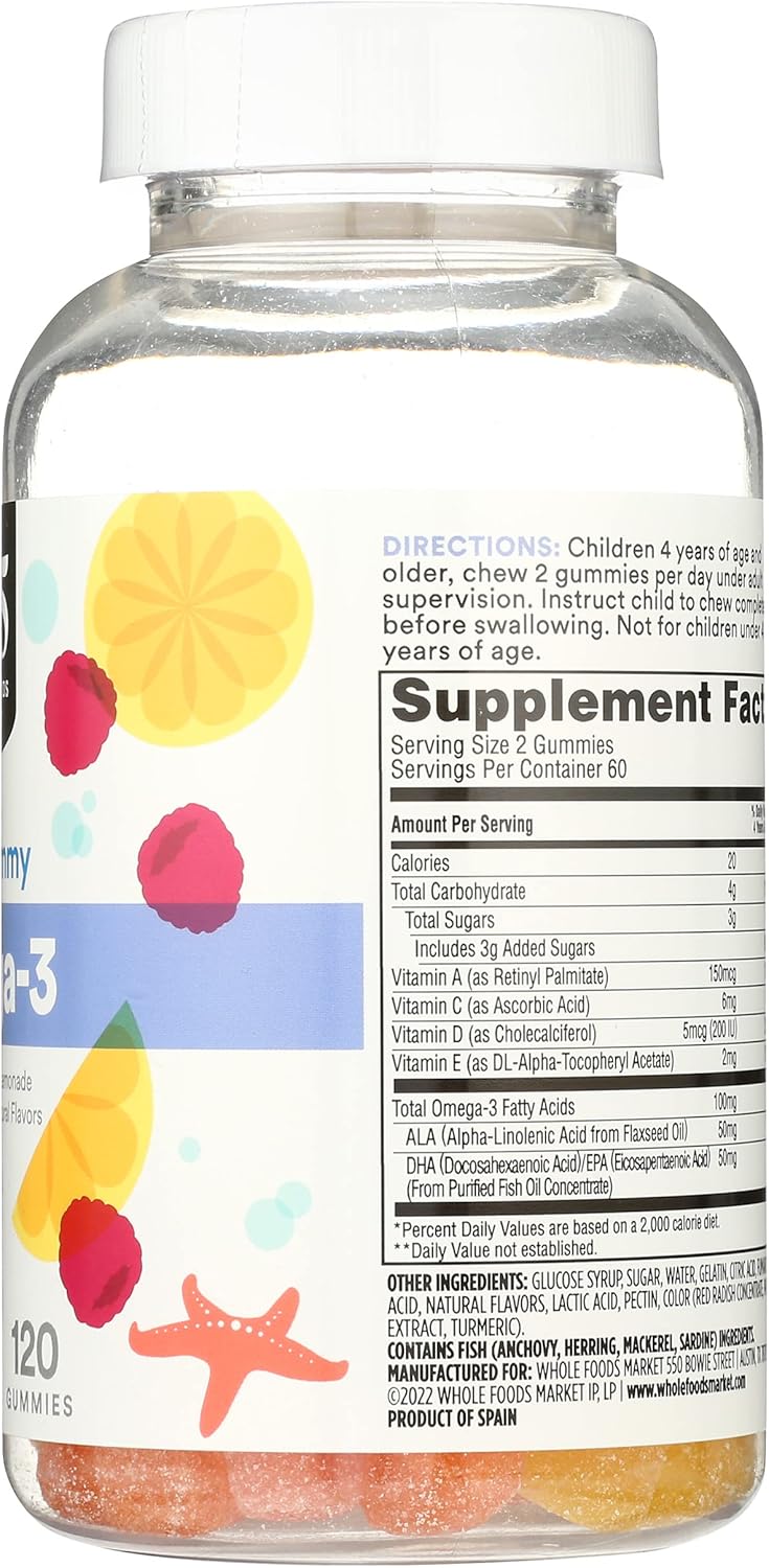 365 by Whole Foods Market, Omega-3 Kids' Gummy, Natural Raspberry Lemonade Flavor, 120 Count