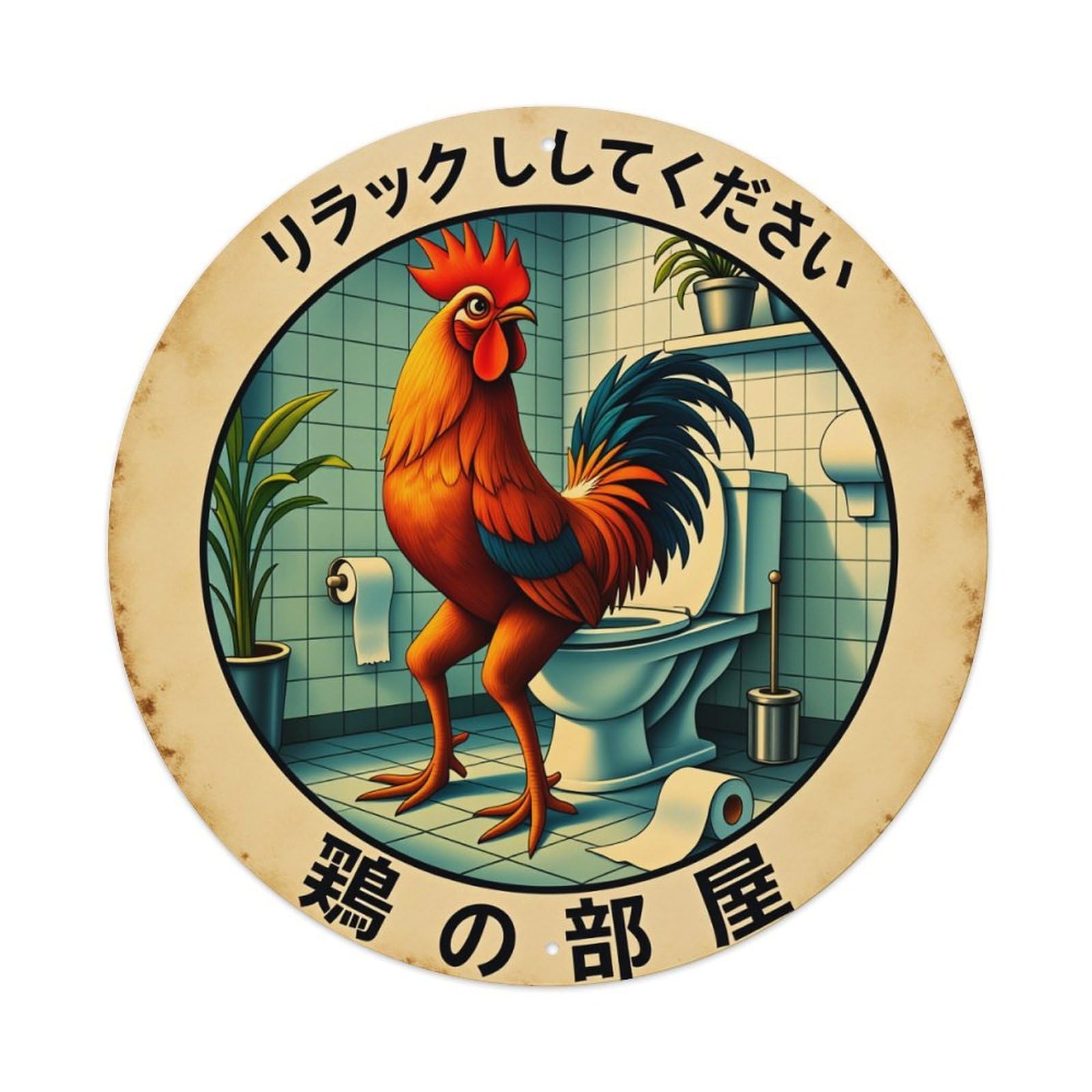 Rooster Bathroom Scene Round Tin Sign Vintage Metal Poster Retro Bar, Home, Man Cave, Kitchen, Laundry Room Wall Art Decor Gift 8x8In