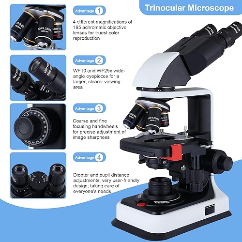 Miniatura 9 de Microscopio compuesto, microscopio profesional de clase de investigación 40X-2500X, oculares WF10x y WF25x, iluminación LED dual y etapa mecánica de