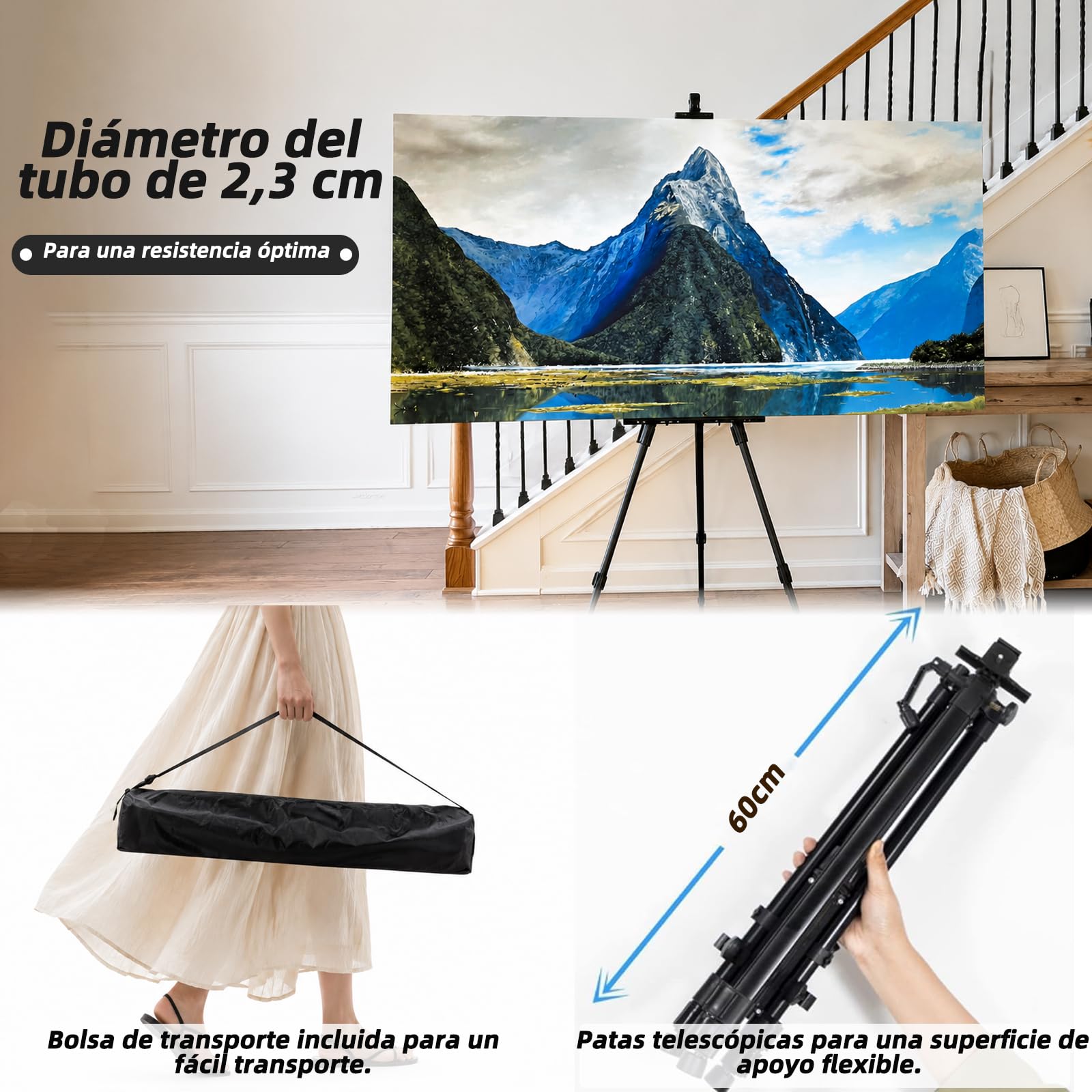Caballete de aluminio 52-162 cm, caballete ajustable con bolsa