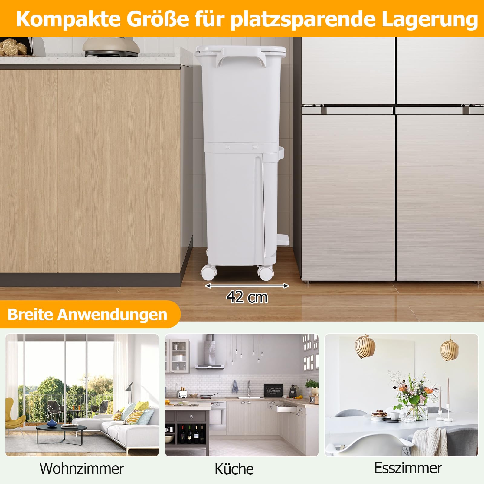 GOPLUS Mülleimer 3 Fächer, 36 L Abfalleimer Küche mit Rollen, Tretmülleimer mit 2 herausnehmbaren Behältern, seitliche Griffe & Aufkleber, Mülltrennsystem mit Deckel für Badezimmer, Küche, Büro, Weiß