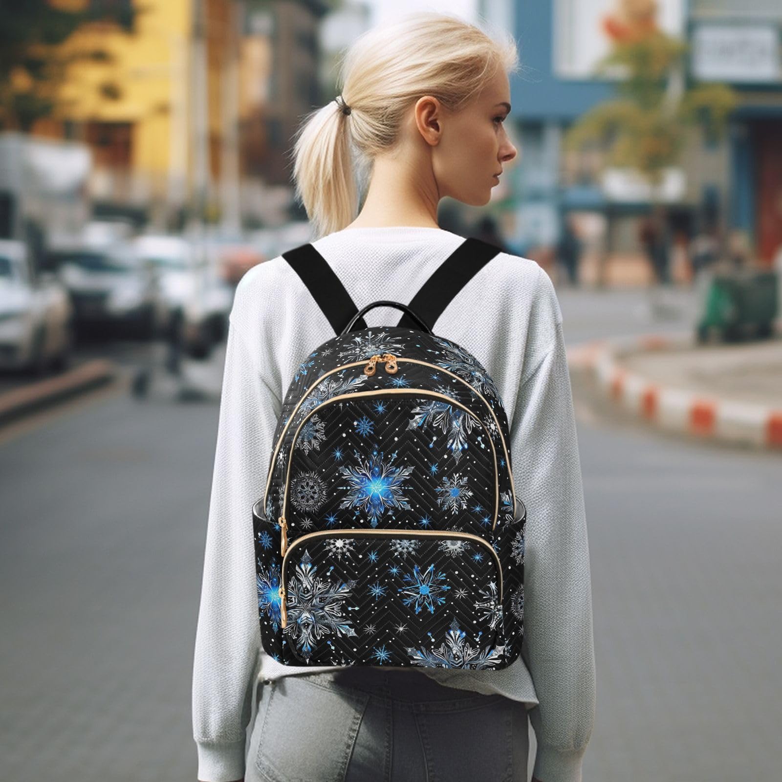 MCHIVER Christmas Blue Snowflakes Backpack Purse for Women Fashion Backpack Small Daypack Lady Shoulder Bags 10.23 * 5.11 * 12.59 In
