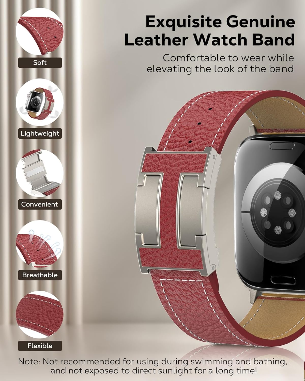 Magnetic Leather Band Compatible with Apple Watch Band Ultra3/2/1 49mm/Series 11/10/9/8/7/6/5/4/3/2/1/SE3/SE2/SE 46/45/44/42/41/40/38mm, Top Grain Leather Replacement Strap for Women Men - Image 5