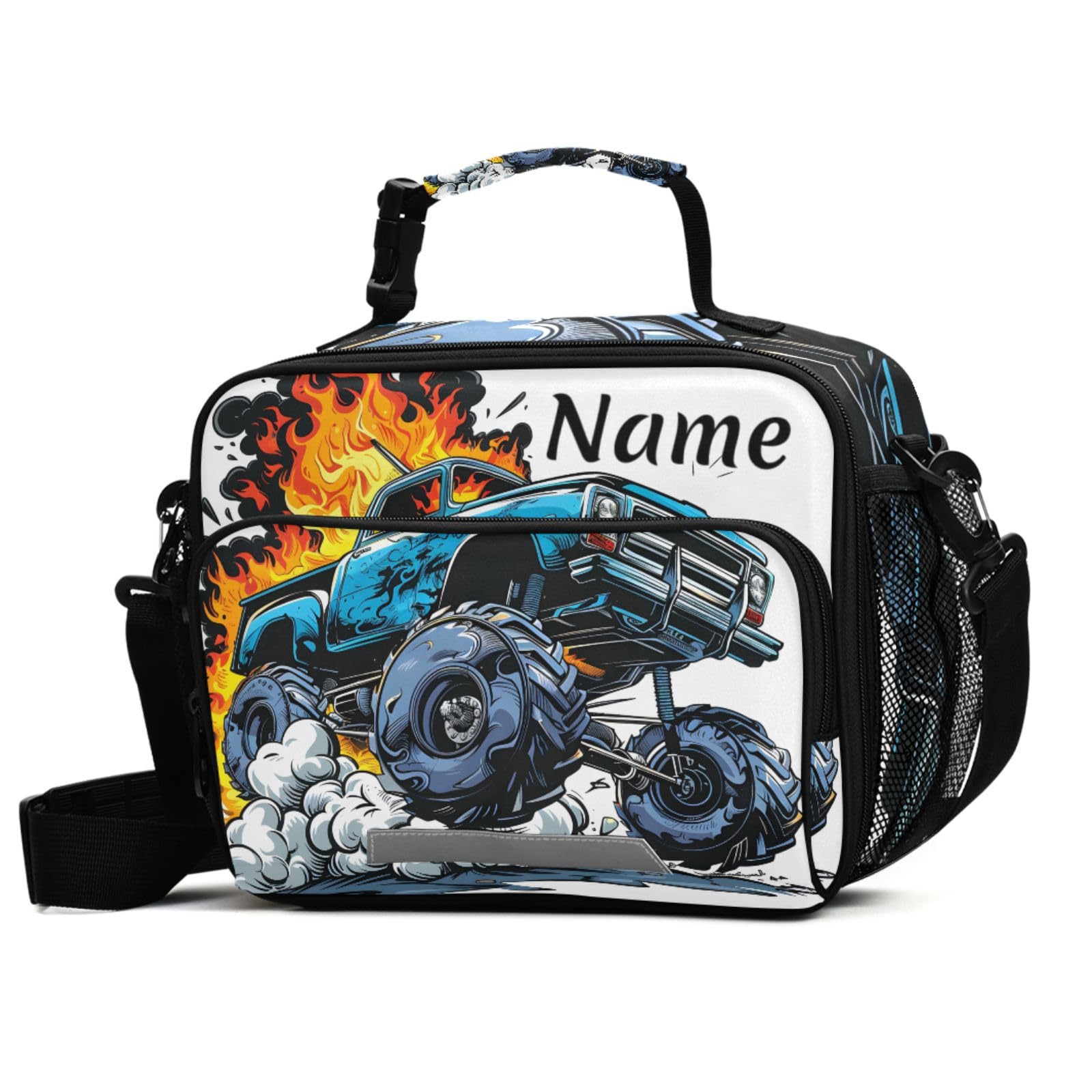 BOENLE Custom Trucks Blue Lunch Box for Boys Girls Personalized Name Insulated Lunch Bag Kids Cooler Tote Reusable School Picnic
