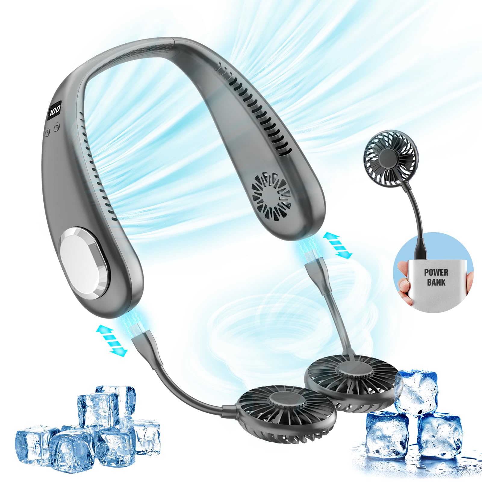 Portable Neck Fan, 9000mAh Hand Free Neck Fan, Neck Fan Air Conditioner, Bladeless Cooling Personal Neck Fan with 4 Air Outlet 3 speed for Travel, Camping, Yard Work, White