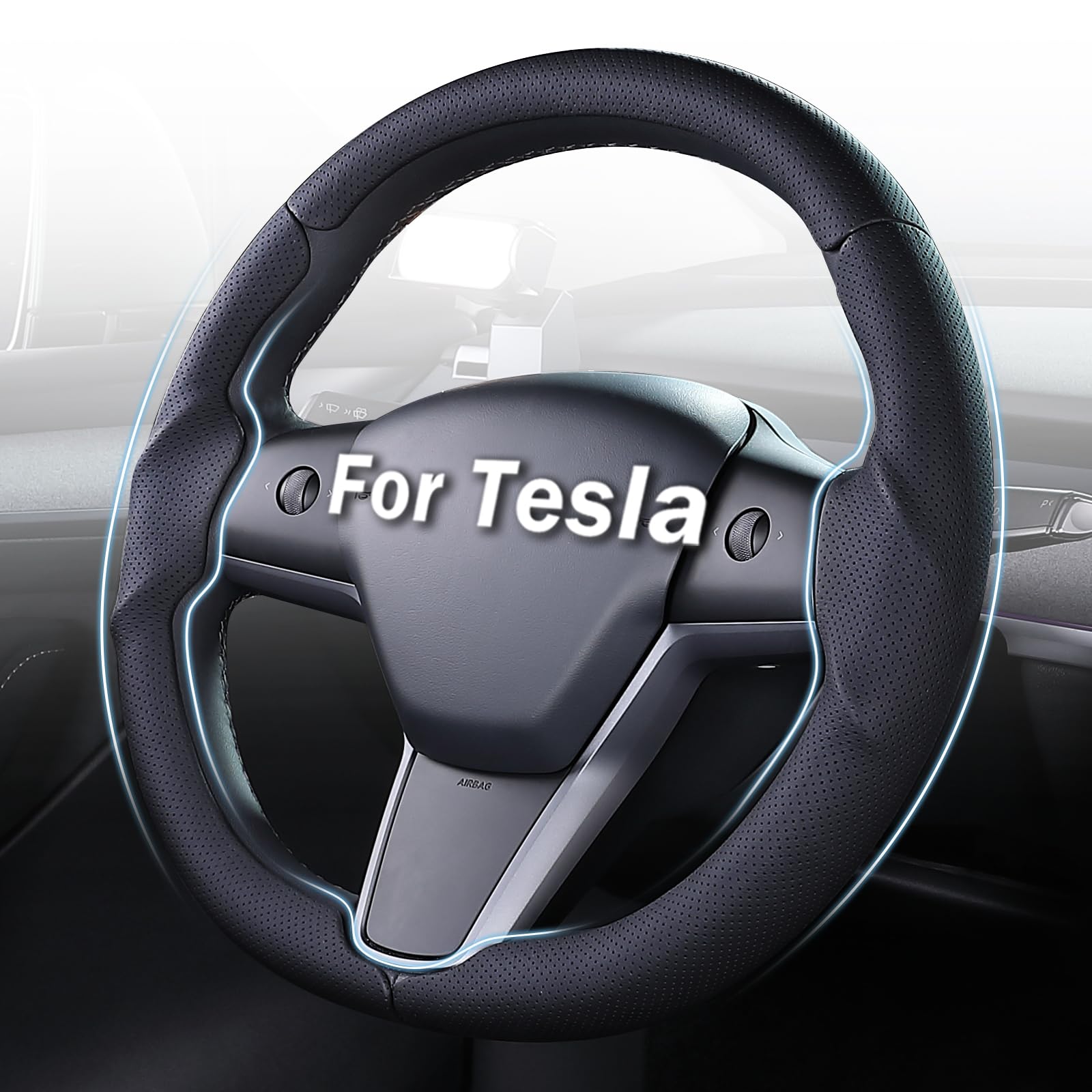 Steering Wheel Cover for Tesla Model 3 (2017-2023) / Model Y (2020-2024),Anti-Slip,Comfortable Grip, Breathable,Customized for Tesla Model 3/Y Accessories,Nappa Black