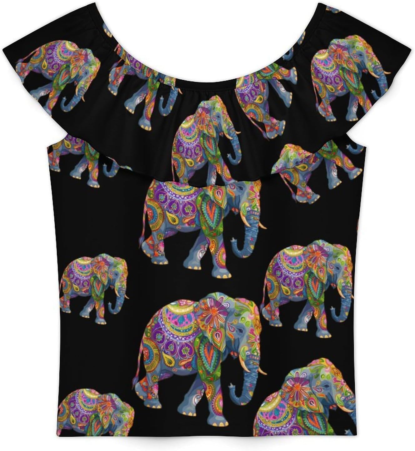 Boho Painted Elephant Girls T-Shirts Top Ruffle Short Sleeve Blouse Casual Graphic Tees