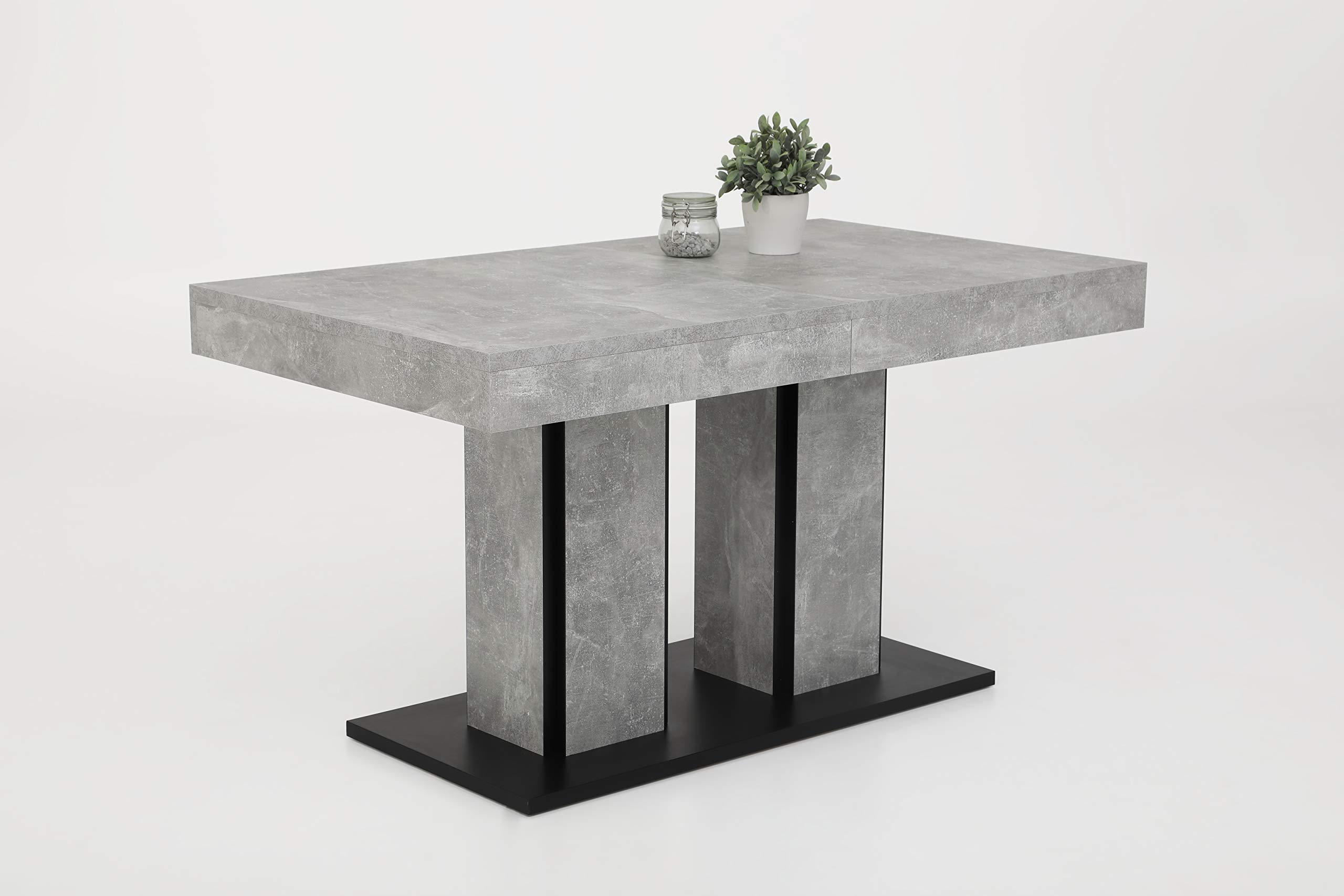 Hela Tische, Rose - Tavolo a colonna per sala da pranzo, prodotto in legno derivato rivestito in melamina, effetto cemento, 2 gambe a colonna e piastra base, allungabile, 140-180 x 80 cm