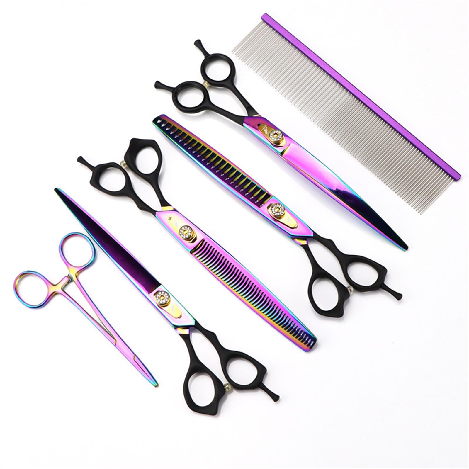 8,0" Hundeschere Set 7 in 1 Fellschere Set für Hunde - gerade gebogene Hundeschere 16/36 Zähne Effilierschere für Hunde mit ergonomischem Griff für Haustier Fellpflege