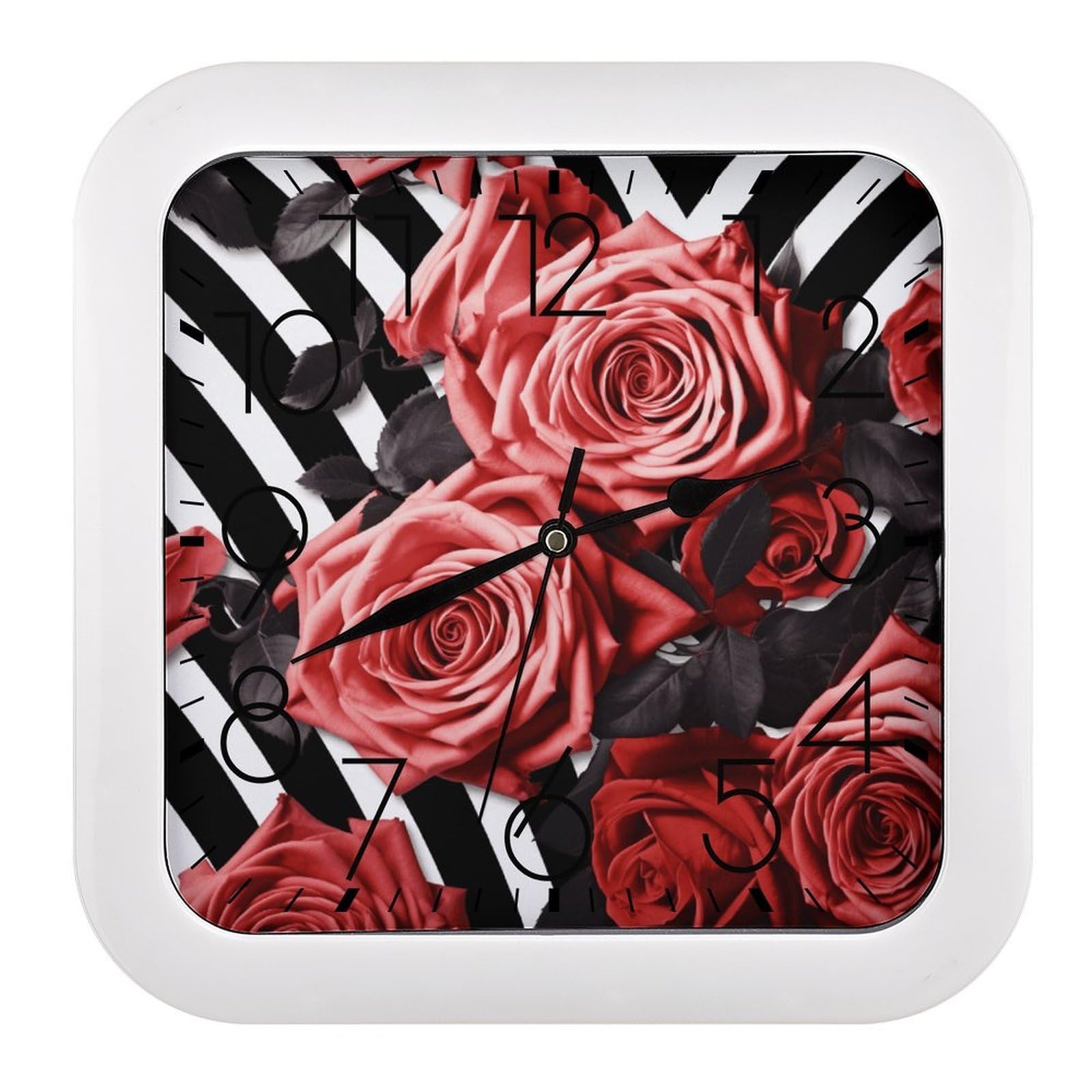 Horloge de cuisine carrée à piles avec un design de roses et rayures graphiques