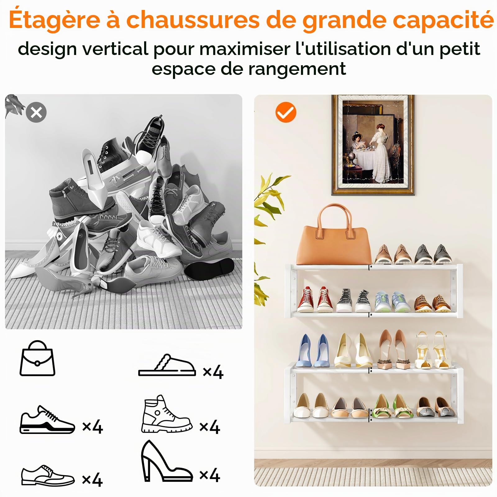 IBUYKE Lot de 2 Étagère à Chaussures Murales, Petit Organiseur à Chaussures Suspendu Extensible de 41-73 cm, Gain de Place Porte Chaussures Mural en Métal pour Entrée Salon, Blanc TXJ001W-2