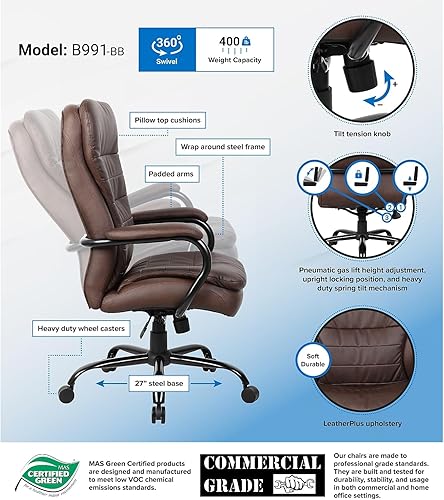 Miniatura 7 de Silla LeatherPlus resistente de felpa doble con capacidad de peso de 350 libras en color marrón bombardero de Boss Office Products, Cuero, marrón