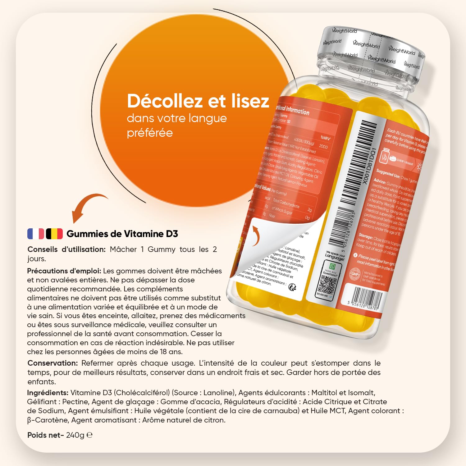Vitamine D3 4000 UI Cholécalciférol, 120 Gummies pour 8 Mois sans Sucre, Vitamine D Gummies à l'Arôme Naturel de Citron Végétarien et sans OGM