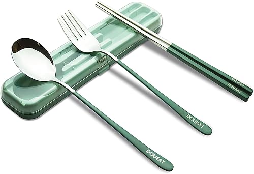 Juego de utensilios portátiles con tenedor, cuchara, palillos cubiertos reutilizables de acero inoxidable para viajes, camping, escuela, cubiertos