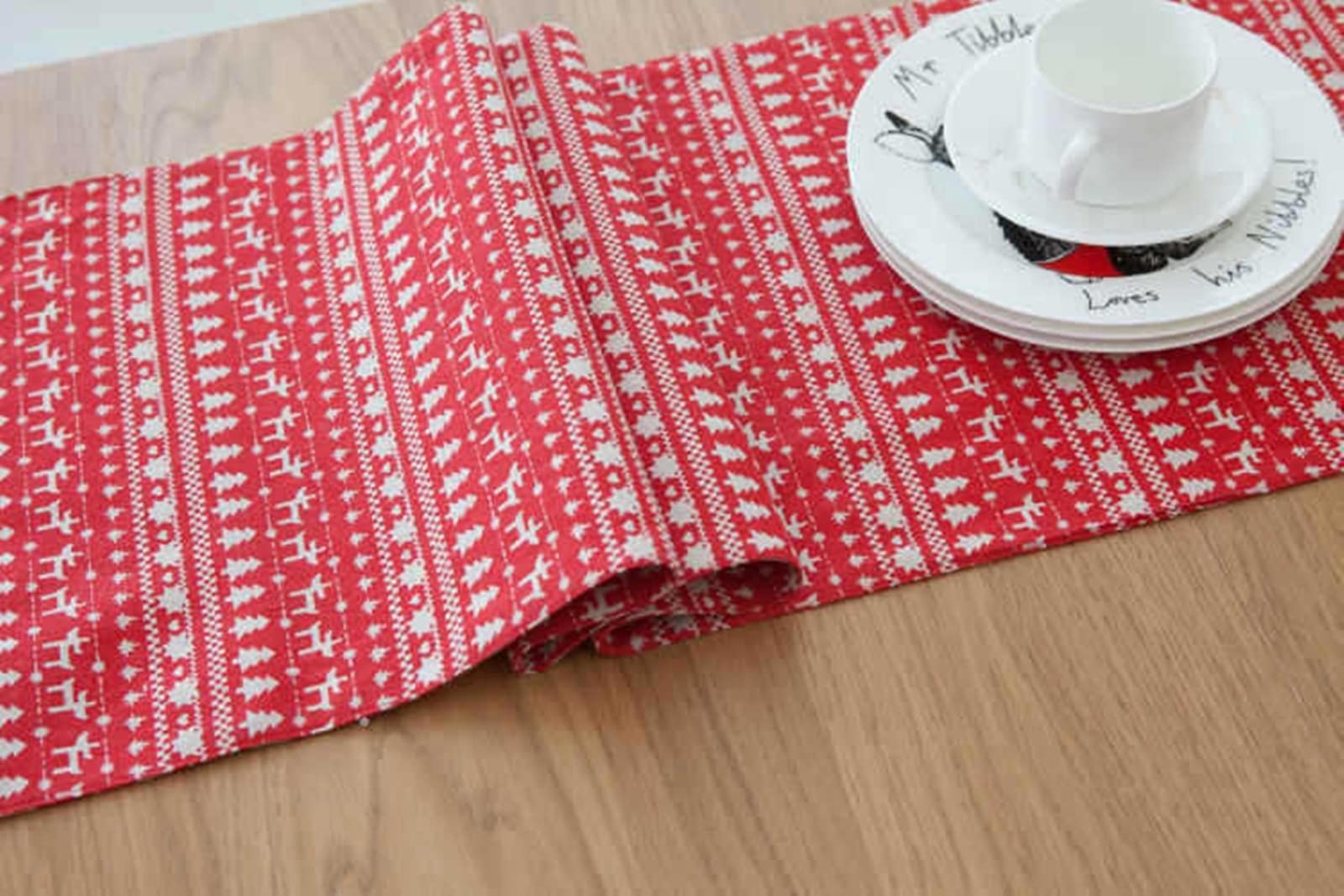 Runner da tavola per compleanno, rosso, piccolo cervo natalizio con nappe, in cotone, 32 x 200 cm