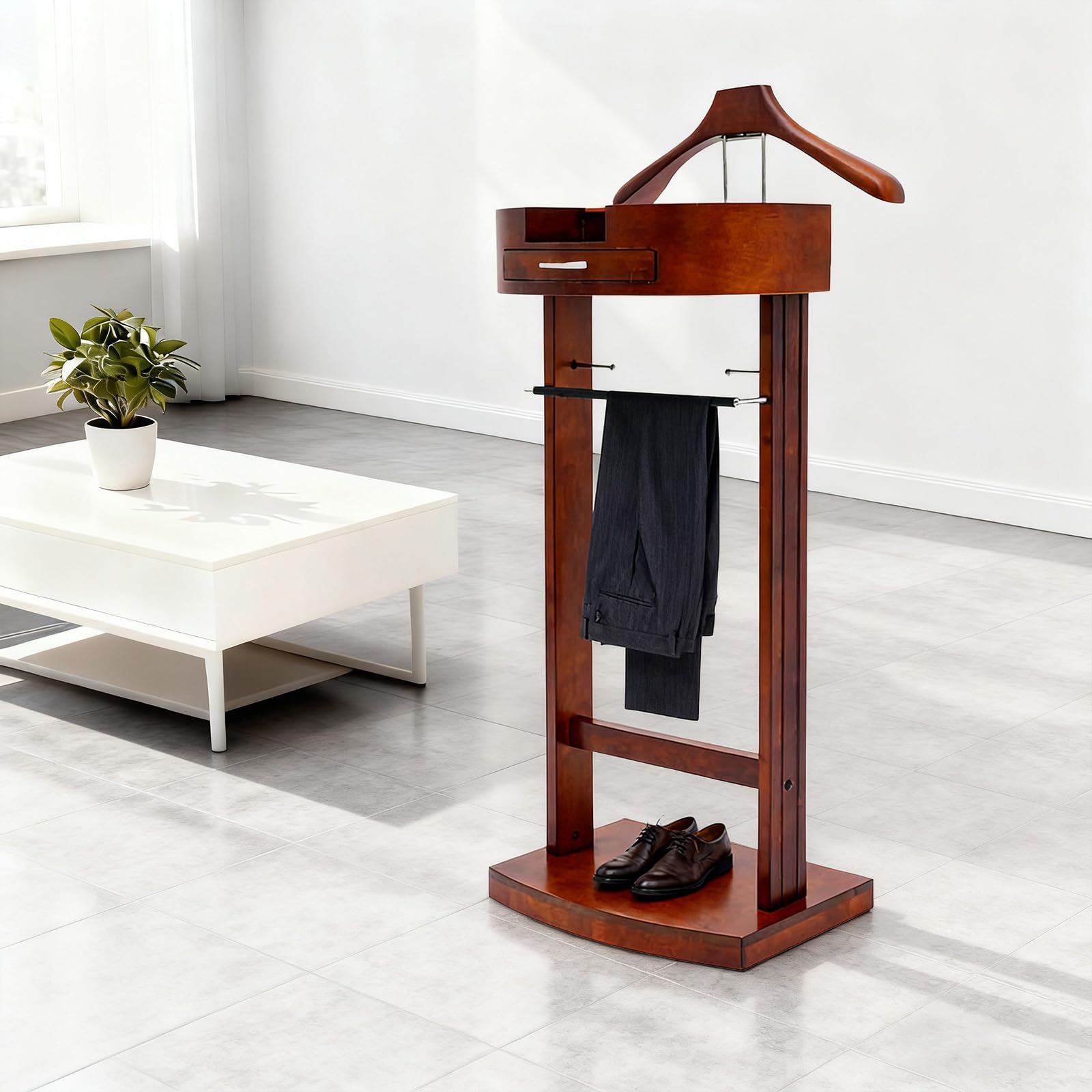 Valet de chambre à coucher en bois avec étagère et compartiment pour téléphone portable, porte-vêtements avec cintre à pantalon et étagère à chaussures, peu encombrant avec poignée, chambre à