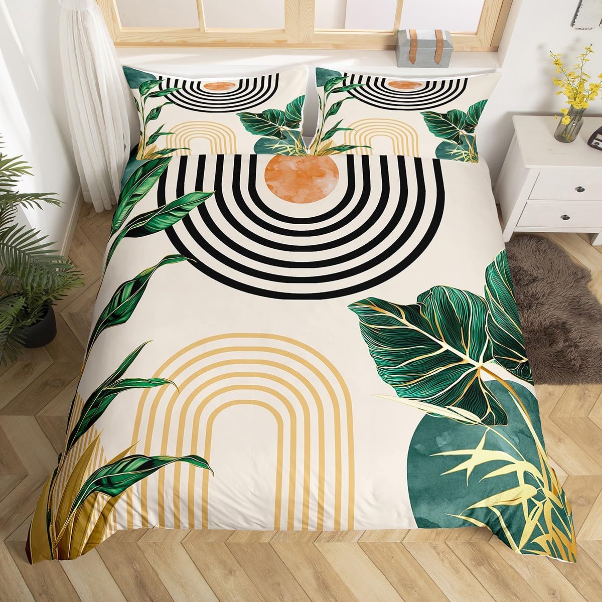 Erosebridal Mid Century Boho Comforter Cover Queen Size Abstract Art Simple Duvet Cover,Minimalist Tropical Palm Leaves Bedding Set Modern Bohemian Aesthetic Bed Set,Green Gold