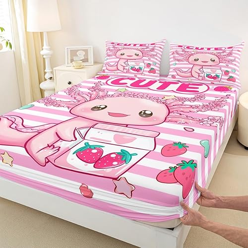 Lindo Axolotl - Sábana bajera ajustable para niños, tamaño individual, juego de ropa de cama de animales marinos de dibujos animados, decoración de