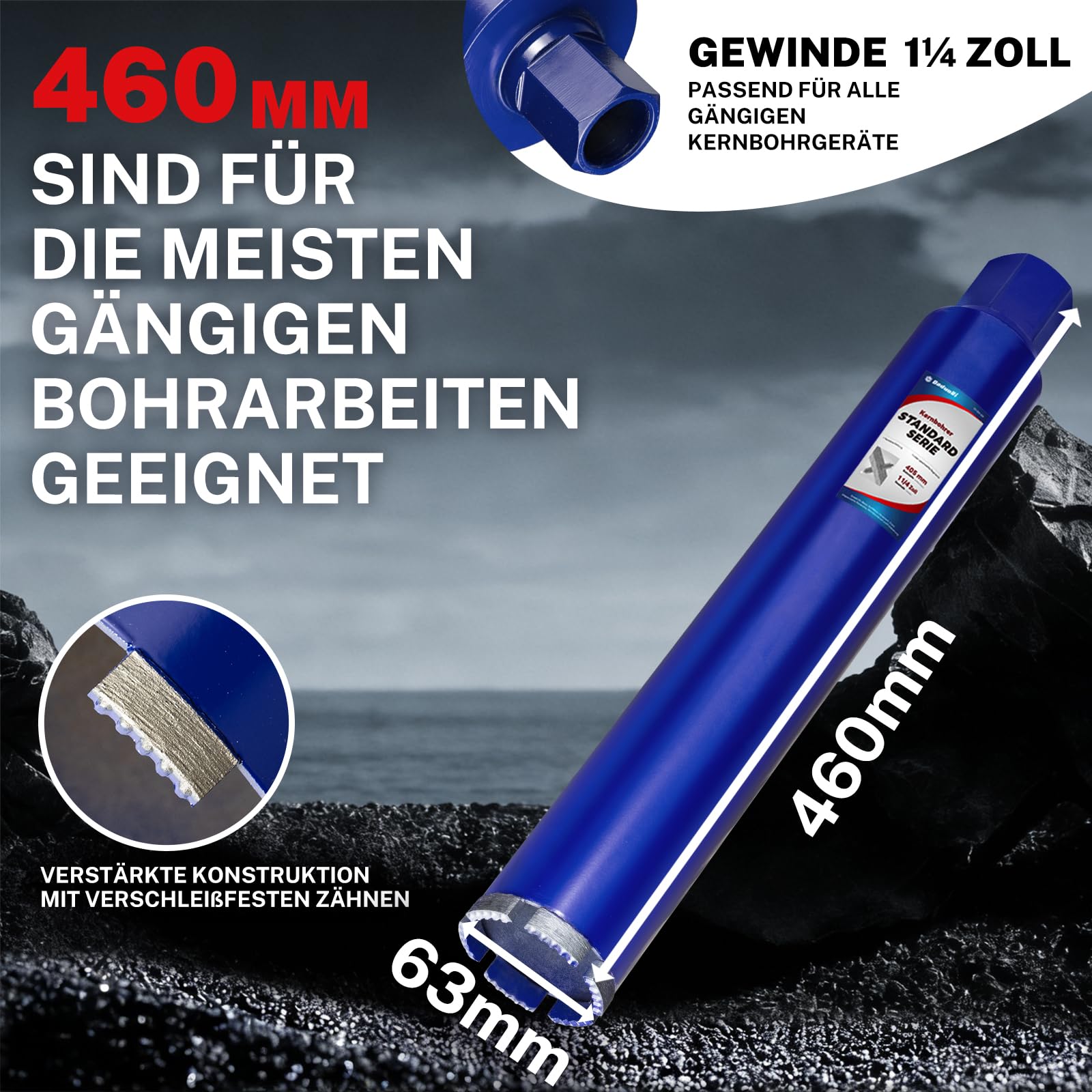 Wiertło rdzeniowe 63 mm – głębokość cięcia 410 mm, wiercenie na mokro diamentowa koronka wiertnicza do betonu zbrojonego, muru, kamienia naturalnego, cegły (długość całkowita 460 mm)