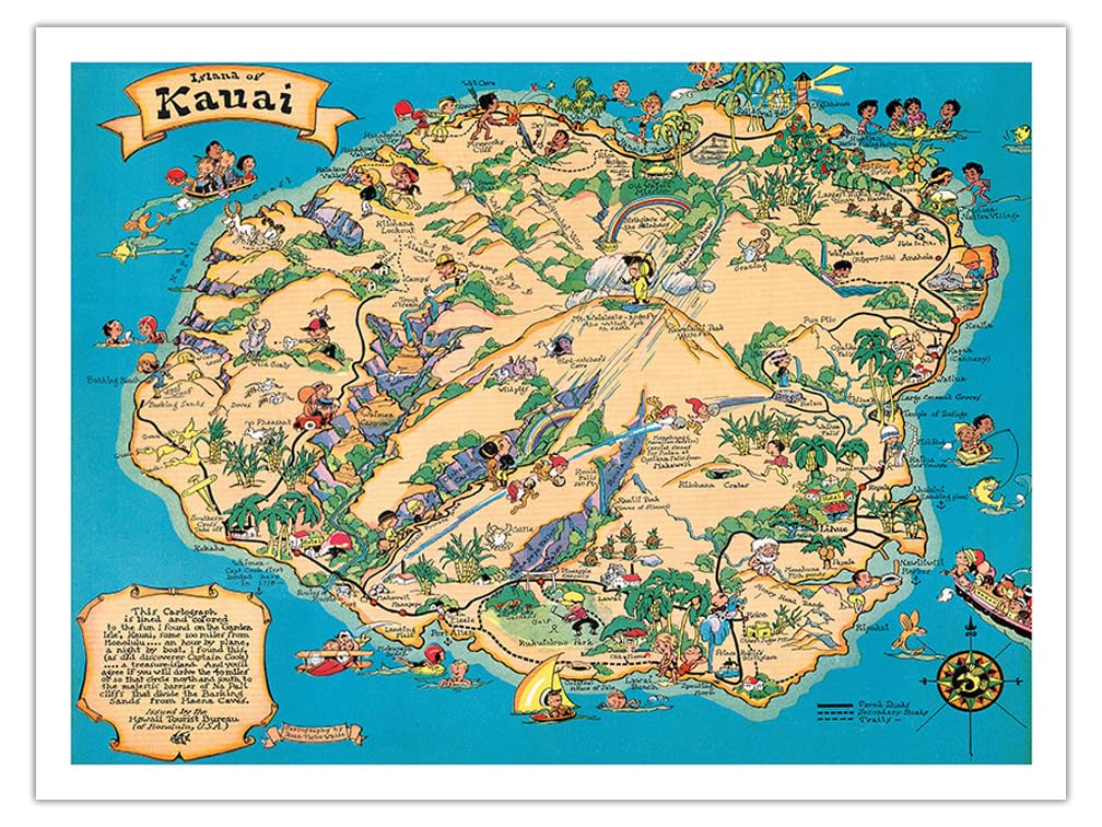Hawaiian Island of Kauai Map - Hawaii Tourist Bureau - Vintage Map by Ruth Taylor White c.1941 - Fine Art Matte Paper Print (Unframed) 24x32in