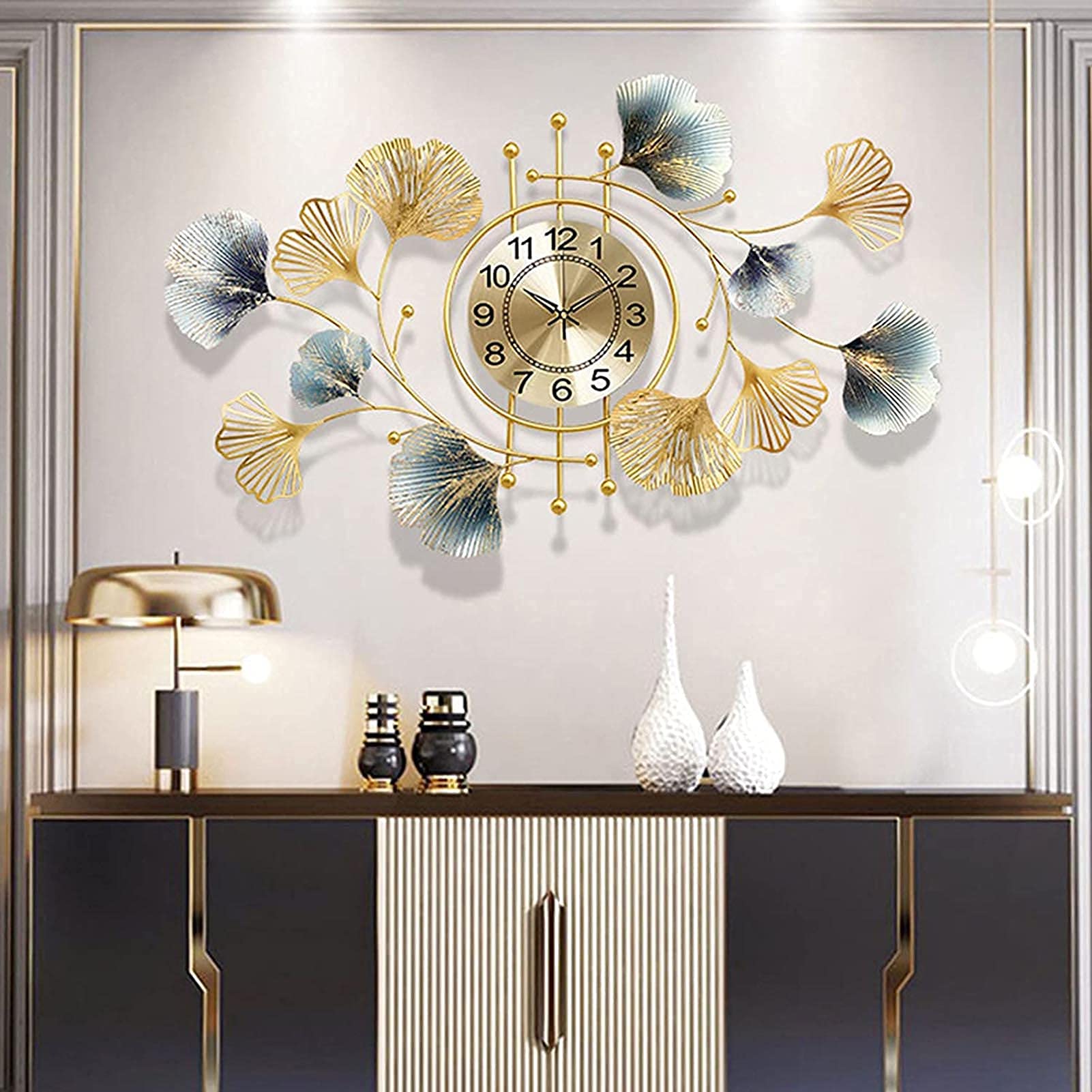 SaryEdge Creative Wall Clock Silent Operated Wall Art Decor Clocks Large Metal Ginkgo Leaves Wall Clock for Home Living Room Kitchen Dining Room,