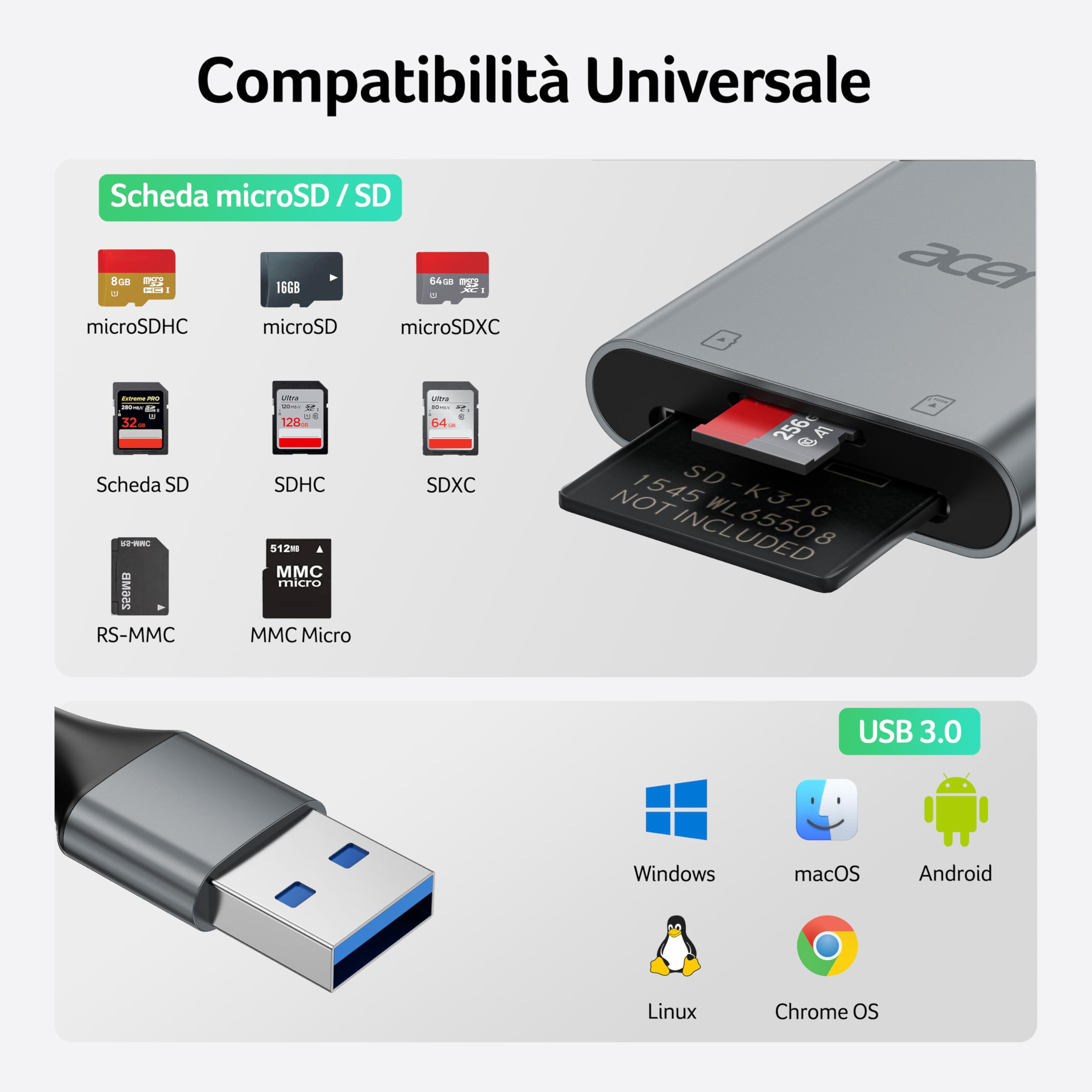 Acer Lettore di schede SD USB 3.0 con cavo, SD Card Reader usb per fotocamere in alluminio UHS-I, adattatore USB-A micro SD ad alta velocità, compatibile con SDXC, micro SDHC, TF, RS-MMC, computer