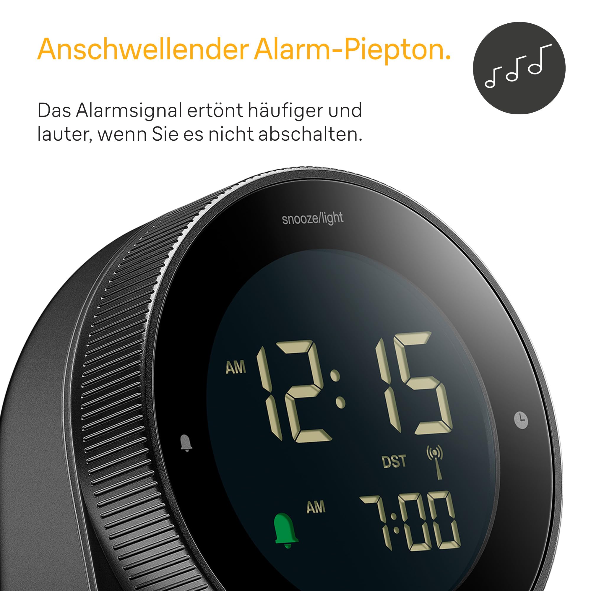 Braun digitaler Funkwecker für die mitteleuropäische Zeitzone (DCF) mit Schlummerfunktion, umgekehrtem LCD-Display, drehbarer Lünette für schnelle Zeiteinstellung, Schwarz, BC24B-DCF