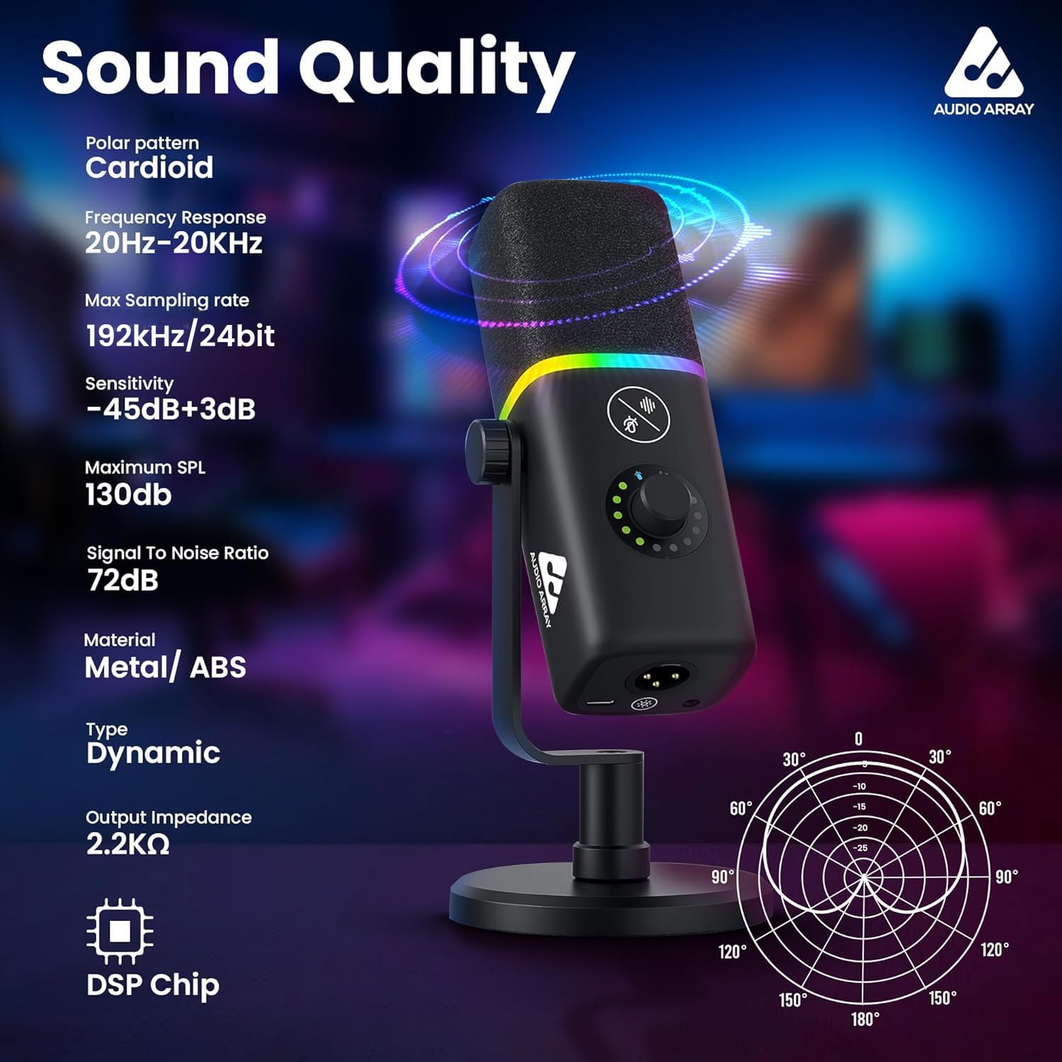 Audio Array AM-C45 XLR/USB Professional RGB Dynamic Microphone | Built-in Monitoring | One Touch Mute Volume & Noise-Cancellation | 2M USB Cable & Metal Base | Streaming, Podcasting, Singing, Gaming - Image 2 thumbnail