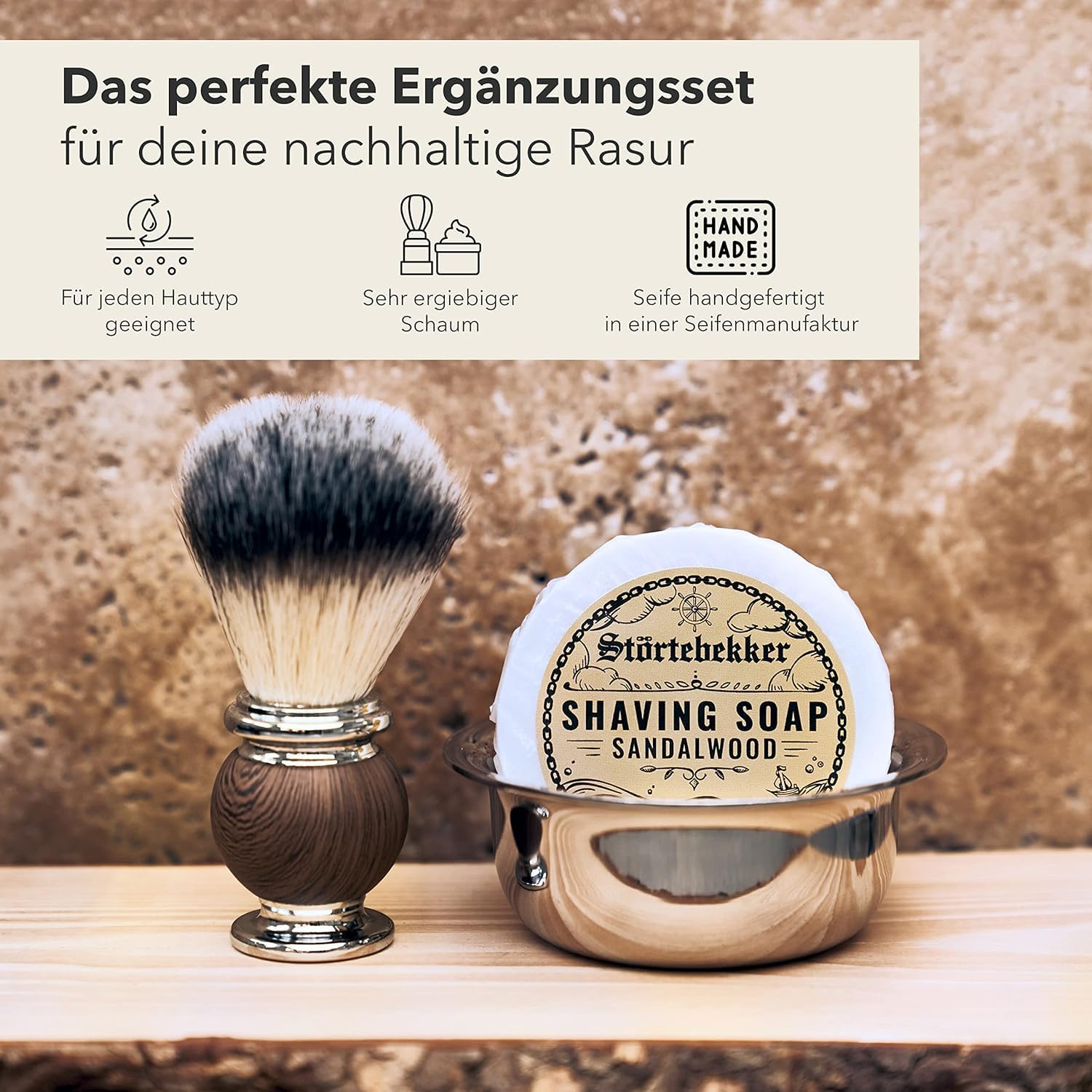 Störtebekker Premium Blaireau de Rasage Set avec bol à raser en acier inoxydable et savon à raser Coco