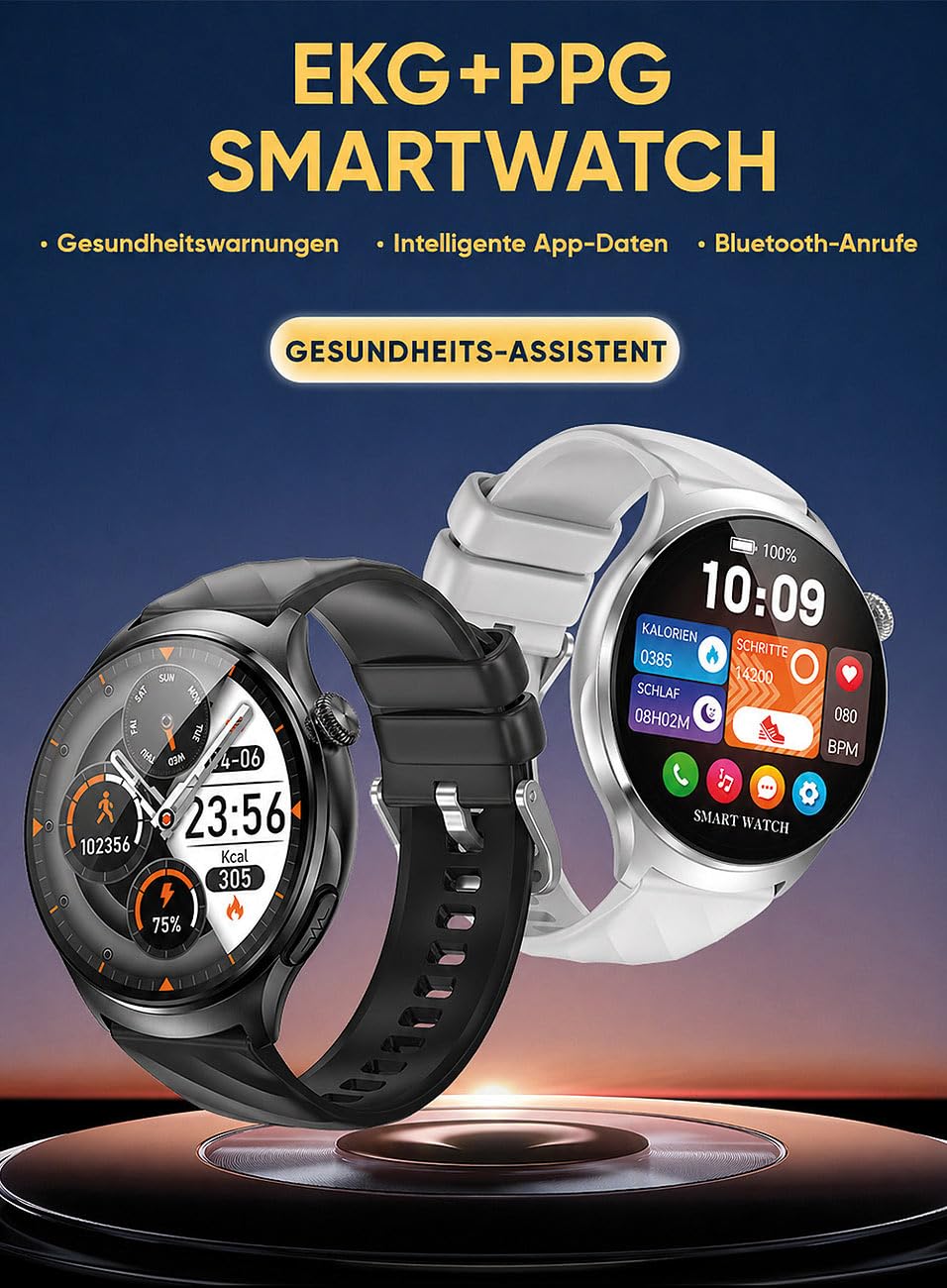 Newgen Medicals Smartwatch: Vitaluhr mit Bluetooth, EKG-Anzeige, Telefonfunktion, App, AMOLED,IP67 (Smartwatch Fitnessuhr, Damen Telefonfunktion)