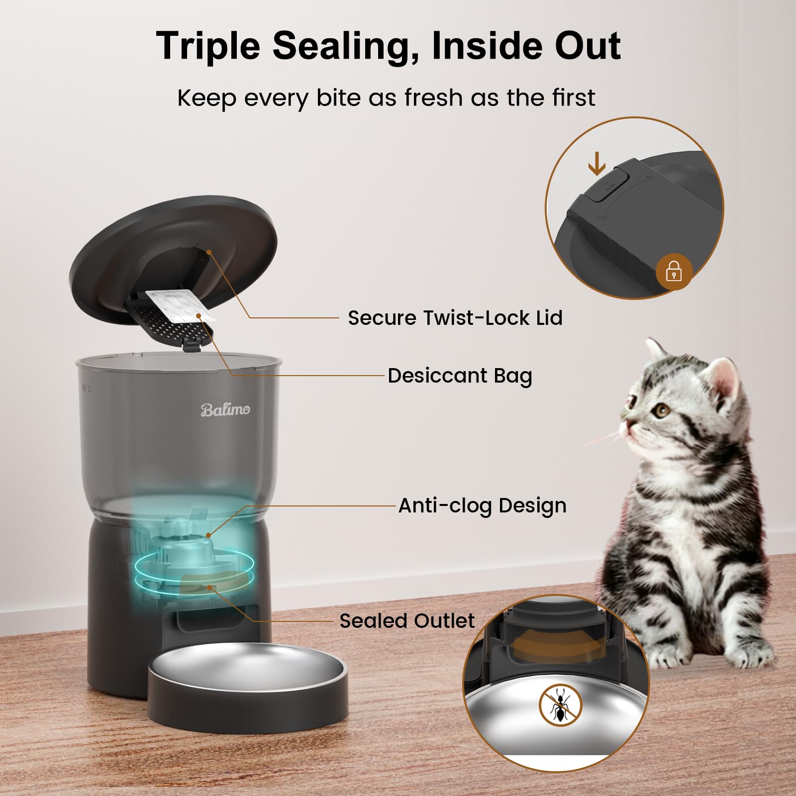 Balimo Distributore Automatico Cibo Gatti, 3L Dispenser Crocchette Gatto, Distributore Cibo Gatticon Timer Programmabile, 1-6 Pasti al Giorno, Adatto Per Cani e Gatti, Nero