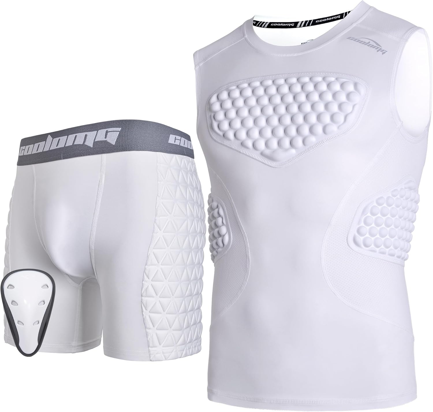 Mens Sliding Shorts with Cup + Mens Chest Rib Protector Padded Shirts for Baseball Football White M