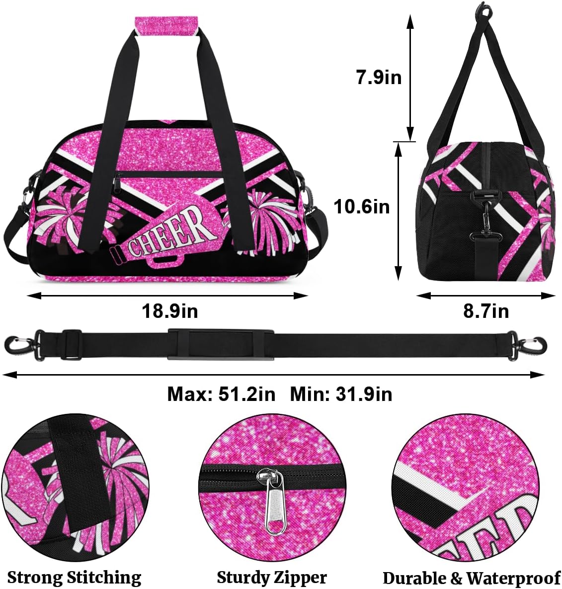 Cheerleading Bags for Girls, Overnight Sports Duffel Cheer Bags Workout Training Dance - Pink Shiny Glitters Print Effect with Black - Sport Gym Bag Travel Practice Gymnastics Duffel Bag - Image 2