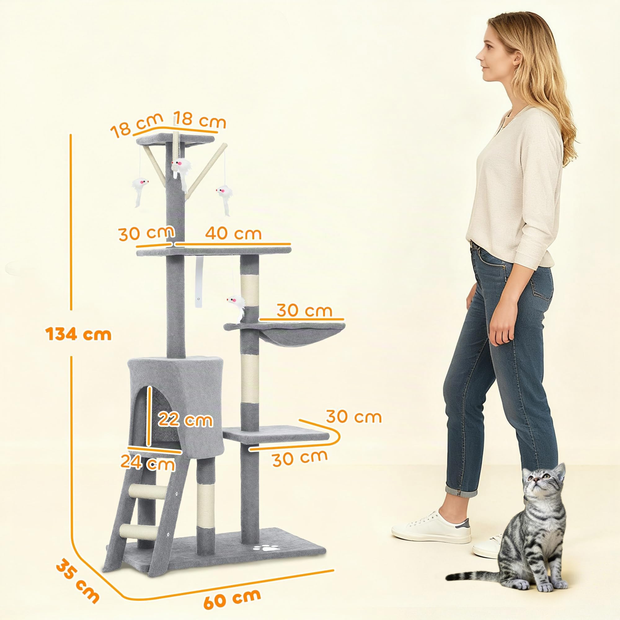 PawHut Tiragraffi per Gatti con Casetta e Trespolo 60x35x134 cm Grigio | Piattaforme, 4 Topolini Appesi, Torre per Gatti, Truciolato, Peluche, Sisal