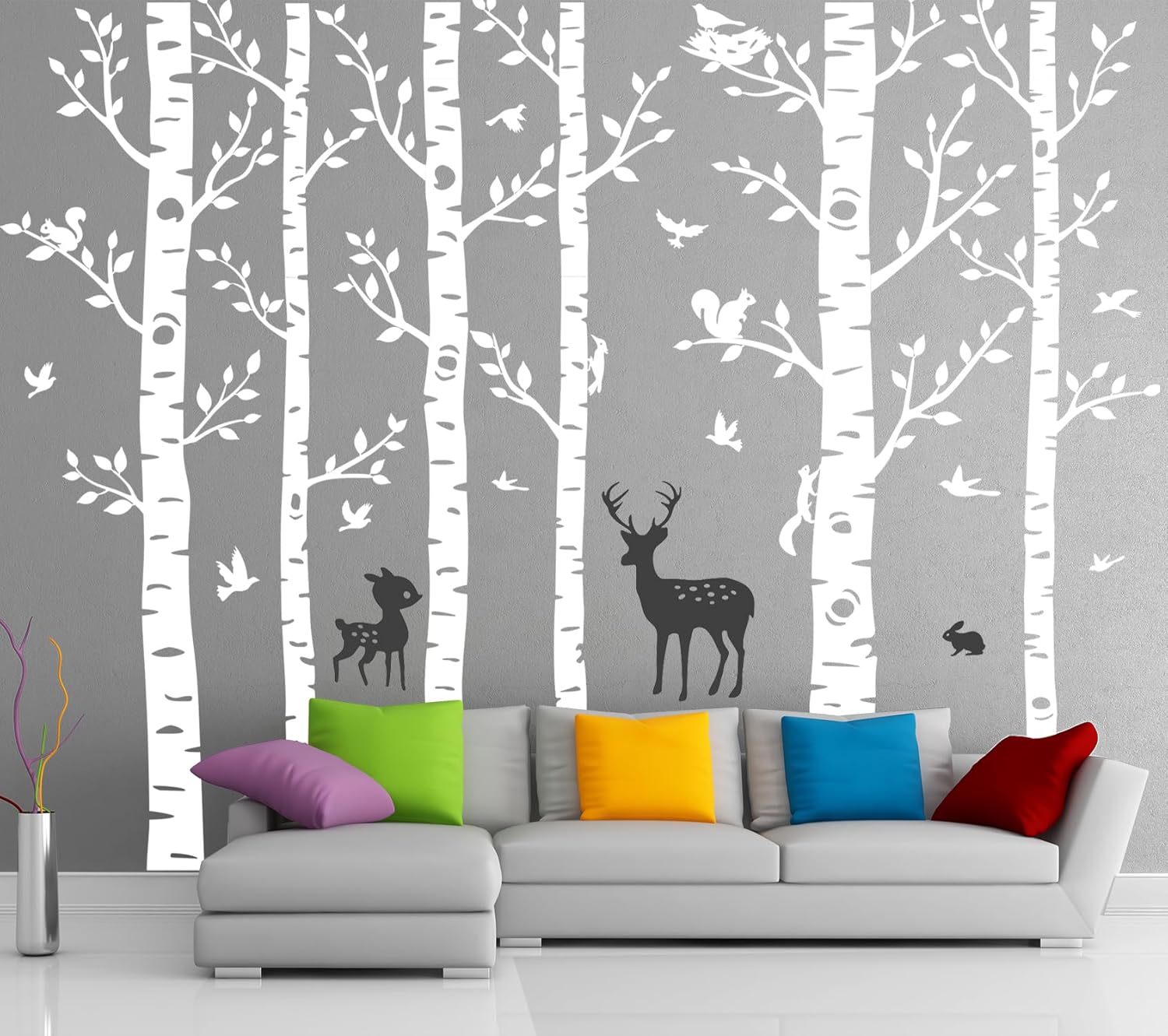 Forest Tree Wall Stickers Six Birch Tree Wall Decals Birds Cute Squirrel Deer Forest Wall Decals for Kids Room Nursery Bedroom Living Room Classroom Decoration (H=250cm/100inch) (White)