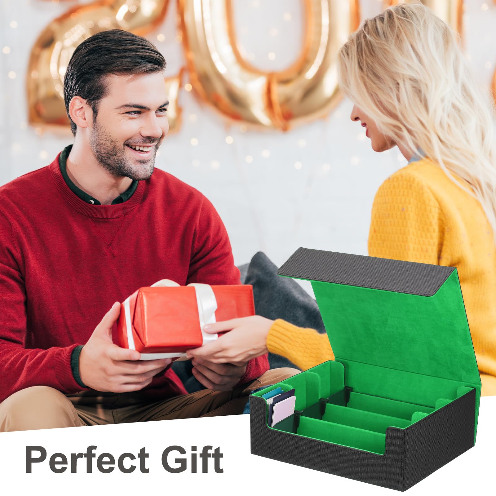 uxcell Scatola portaoggetti per carte collezionabili, in pelle, chiusura magnetica, per oltre 1800 carte con 10 divisori per giochi di magia, nero/verde scuro
